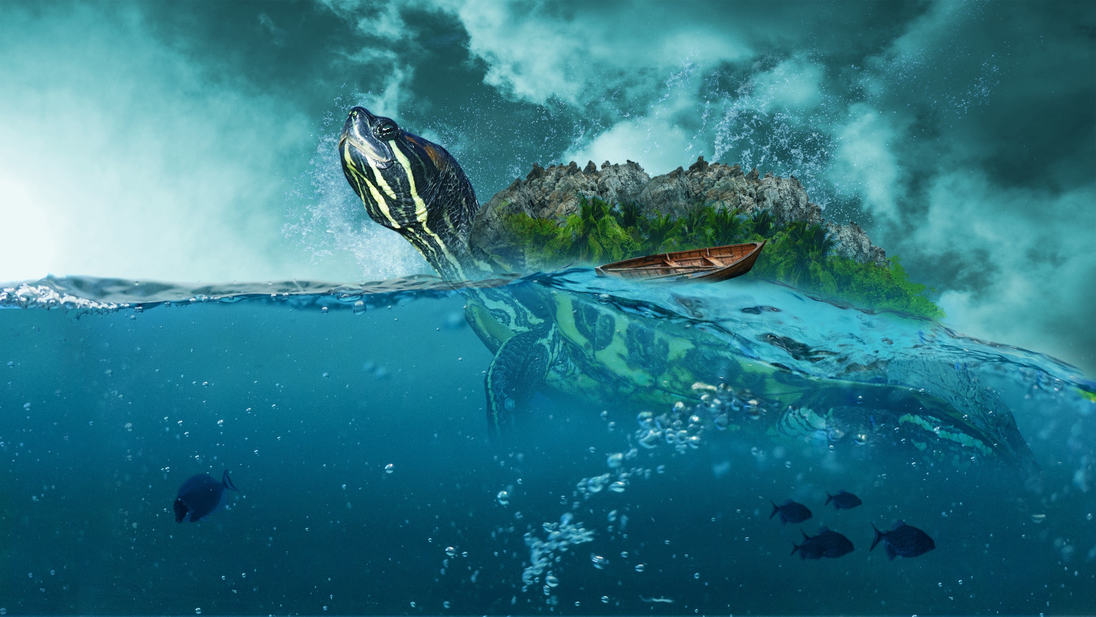 Giant turtle island with a boat and fish HD Wallpaper