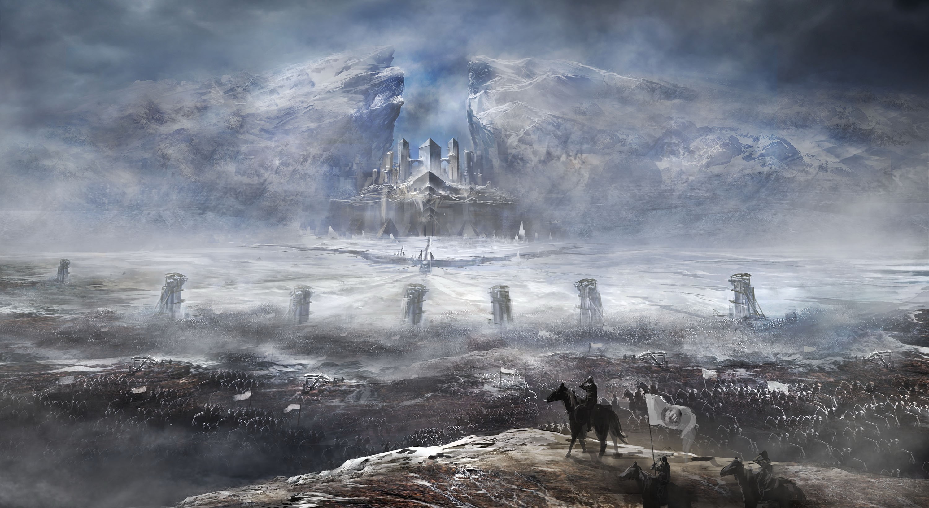 Warriors and fortress in a winter landscape HD Wallpaper