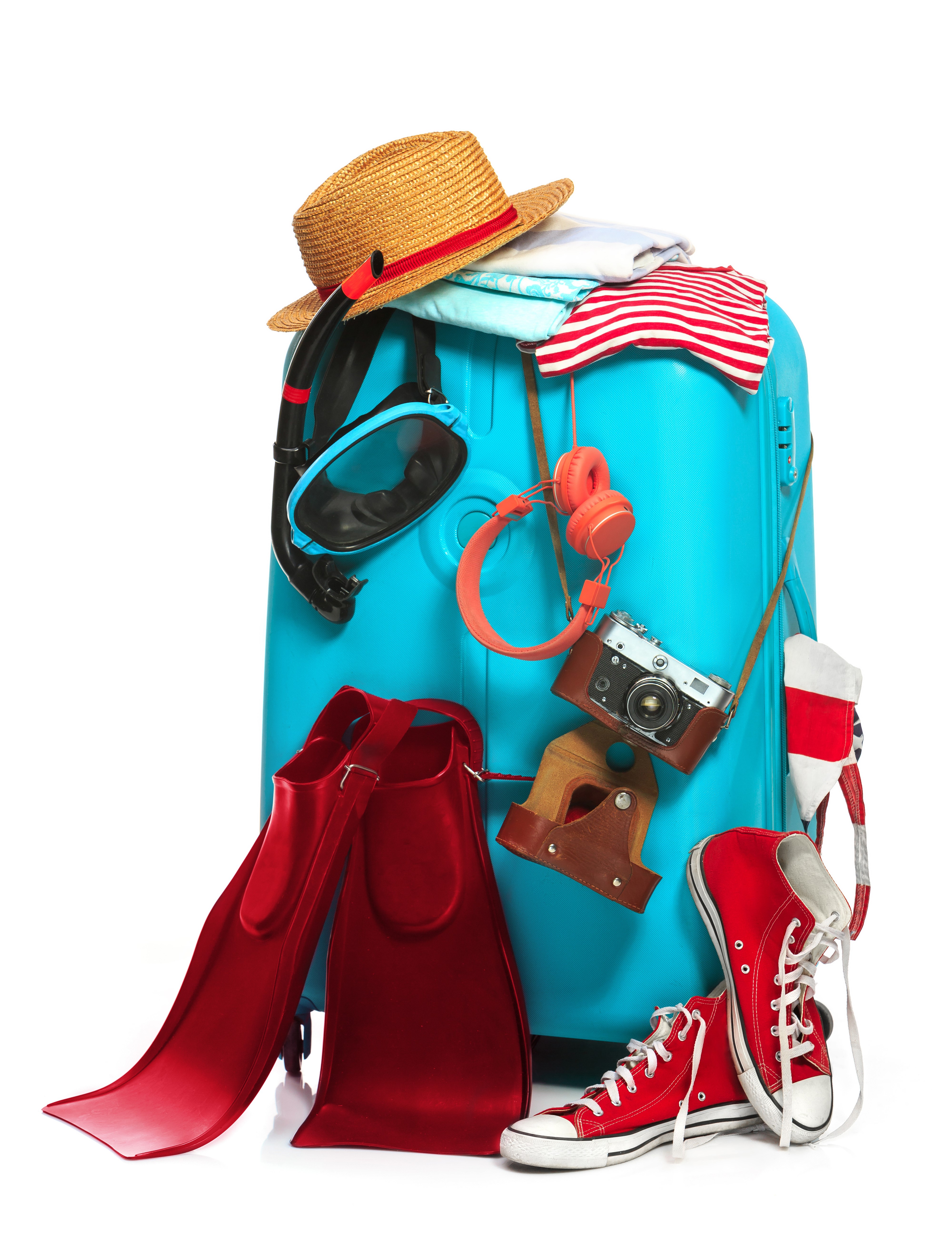 Suitcase packed for vacation with hat, snorkel, camera, and shoes HD Phone Wallpaper