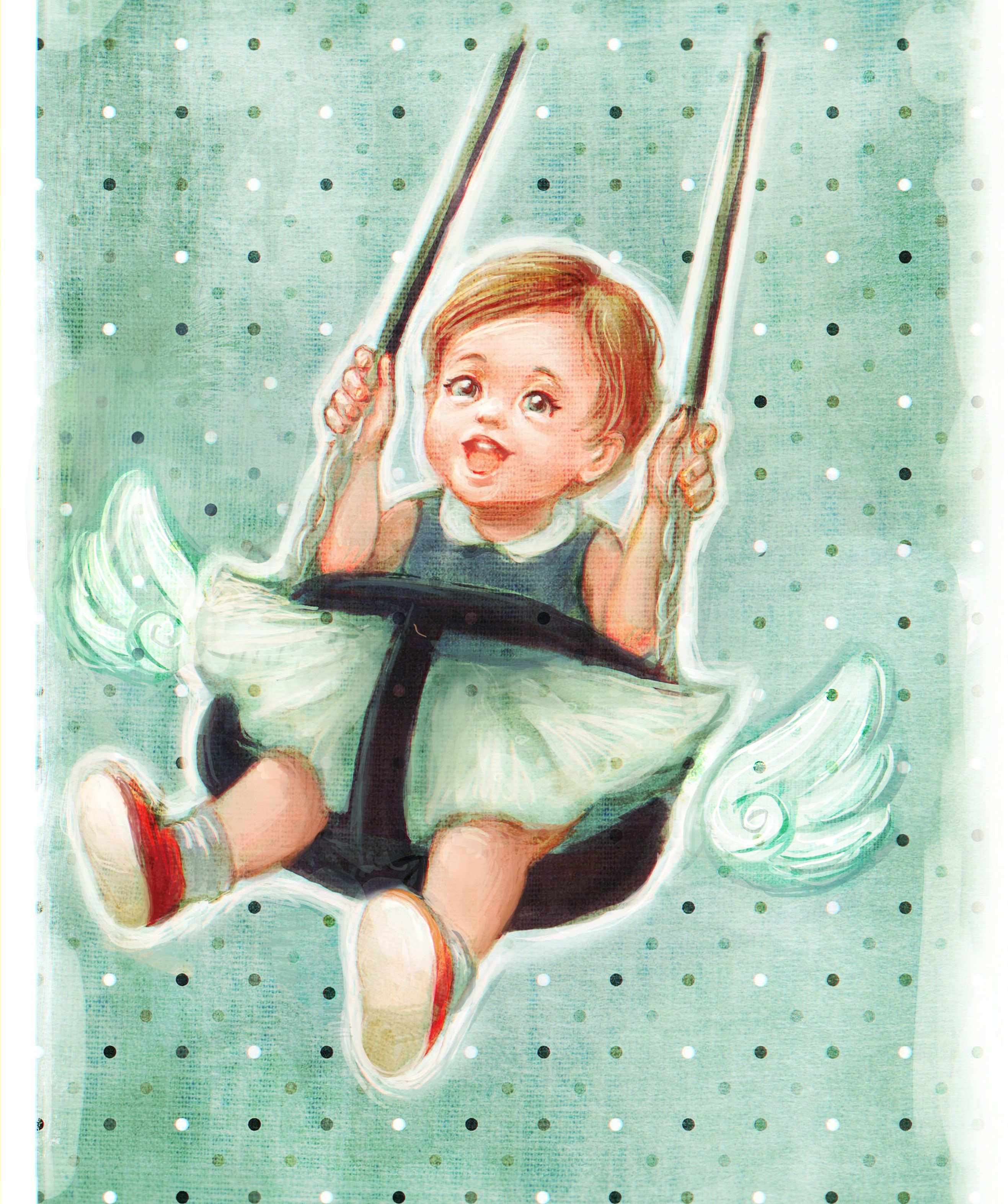 Painting of a baby on a swing with wings HD Wallpaper