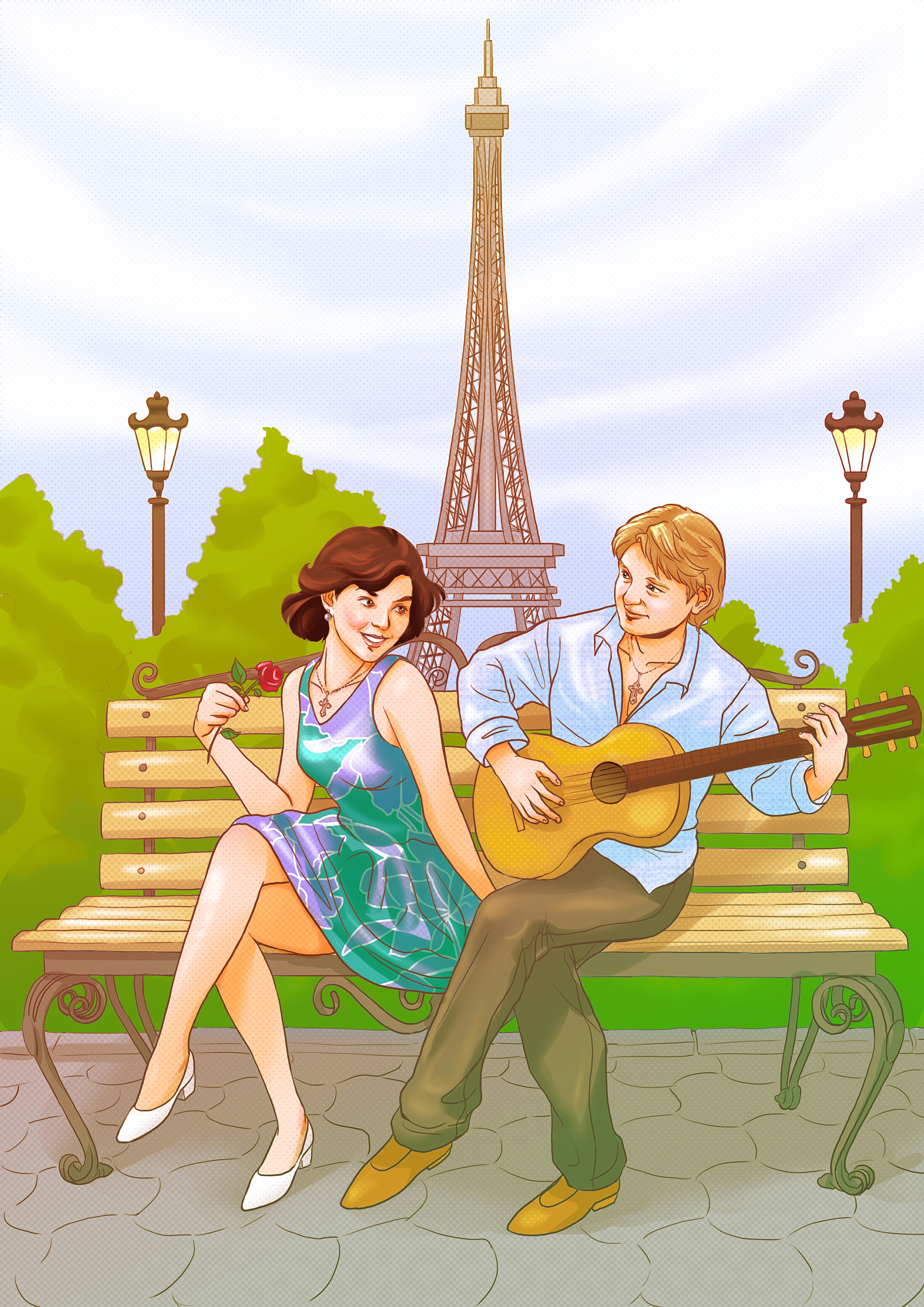 Couple with Guitar in Paris near Eiffel Tower HD Phone Wallpaper