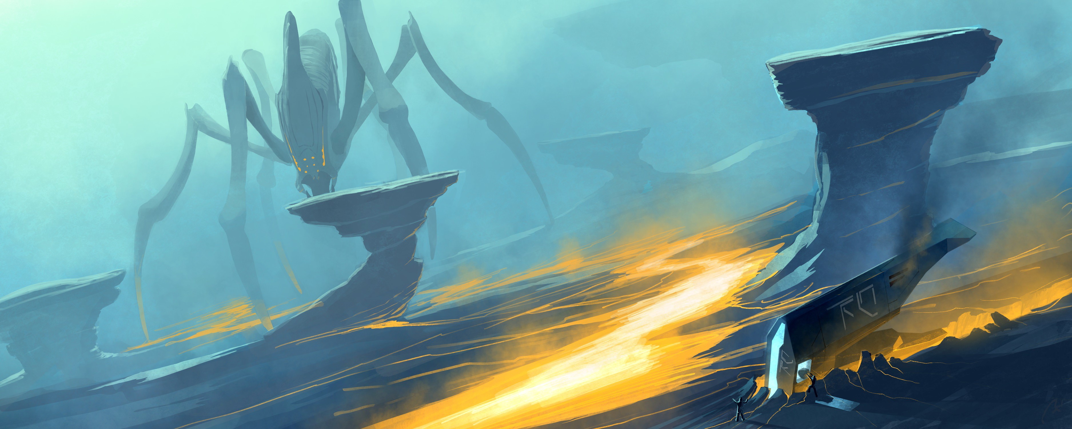 Giant spider monster in a misty alien landscape HD Wallpaper