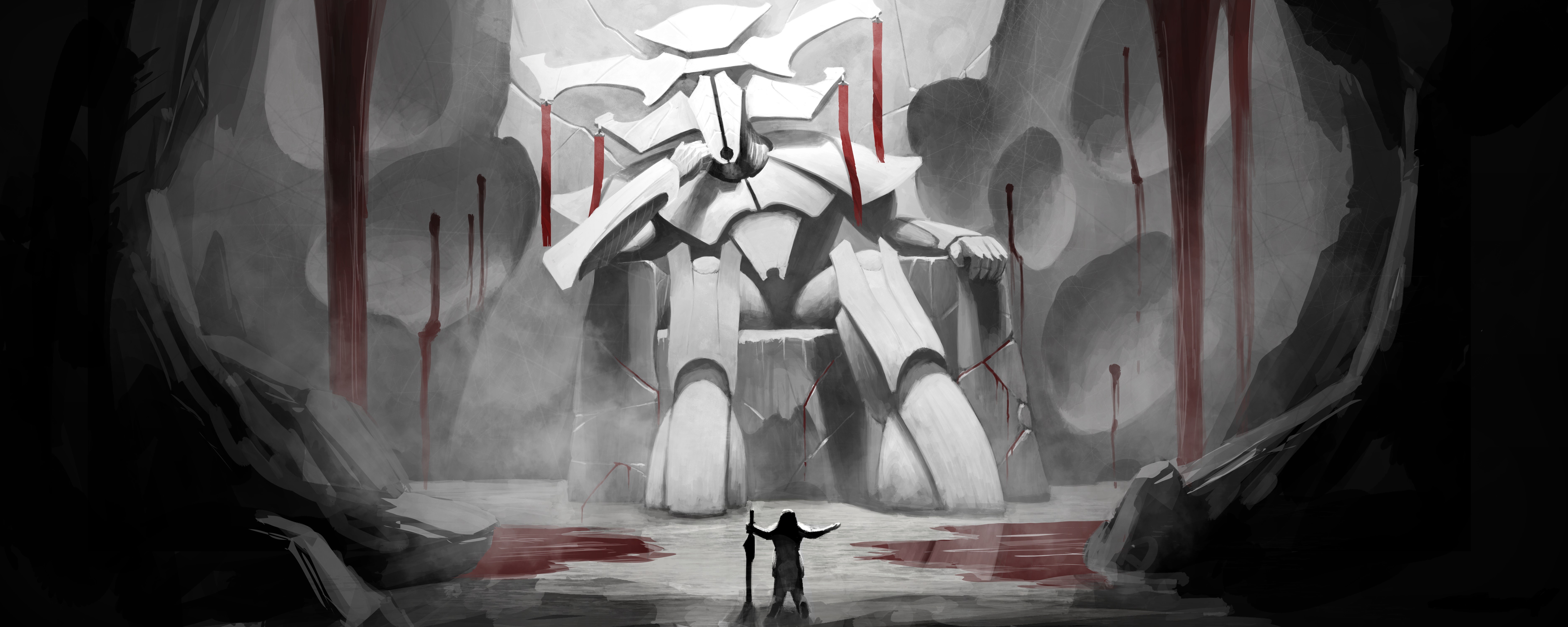 Robot warrior on a throne with blood HD Wallpaper
