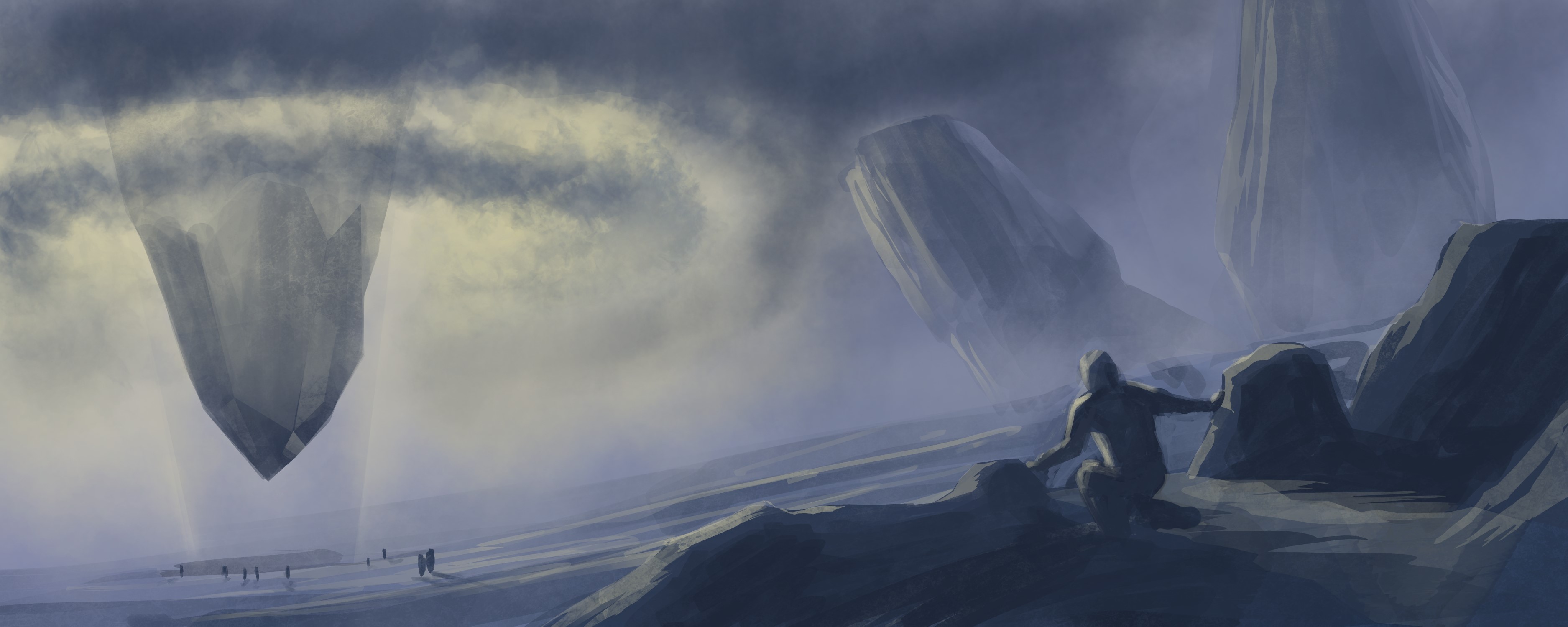 Fantastic world with floating rocks and figures HD Wallpaper