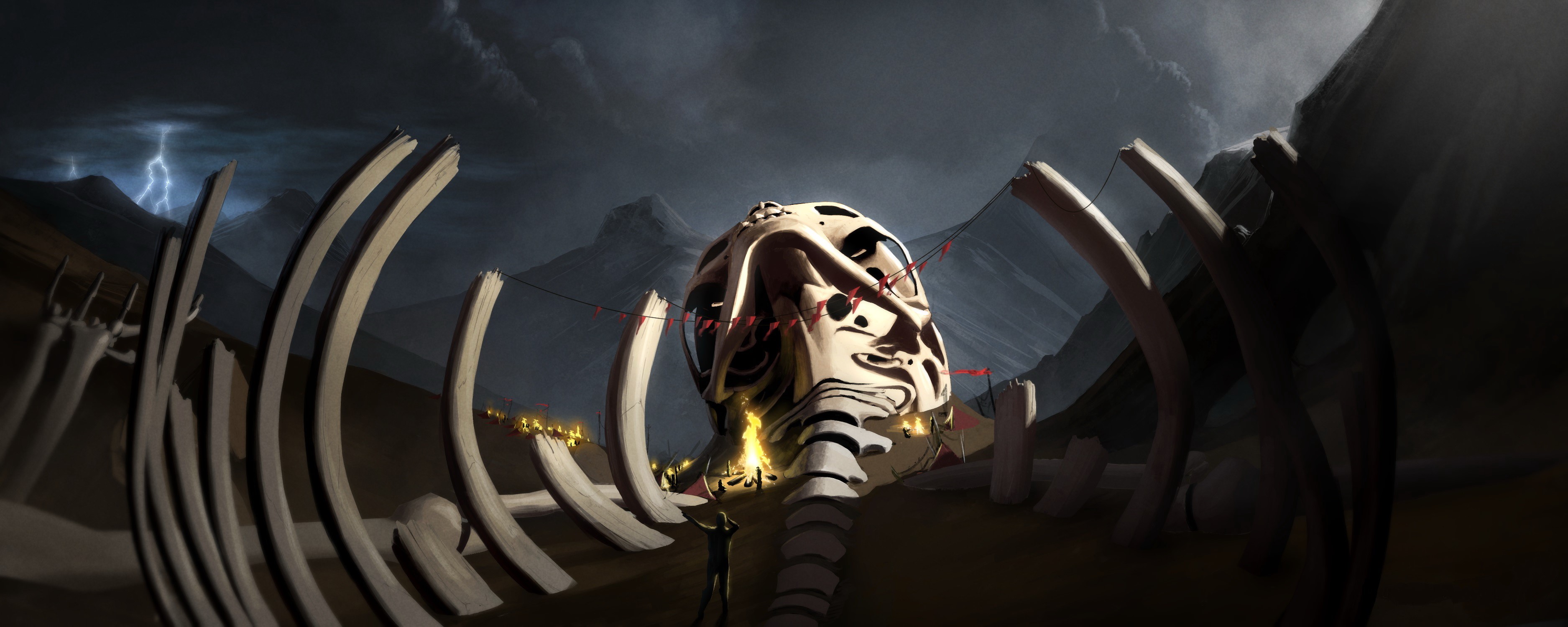 Giant skeleton and skull in a desolate landscape HD Wallpaper