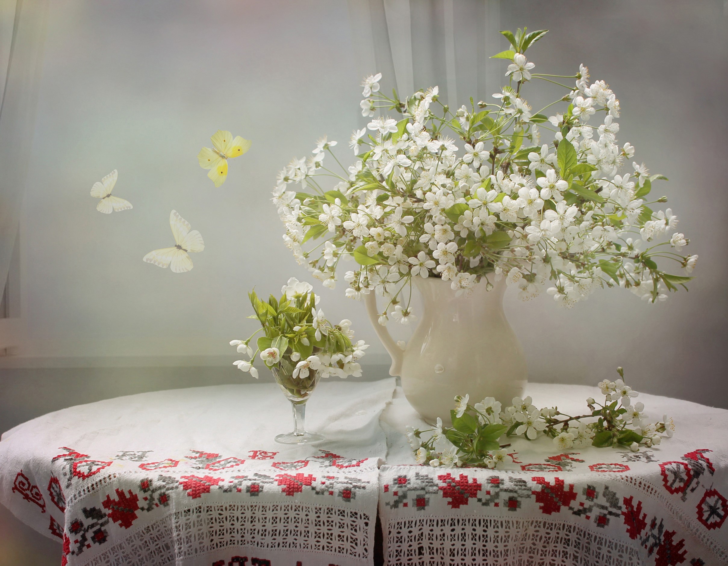 Still life with cherry blossoms and butterflies HD Wallpaper
