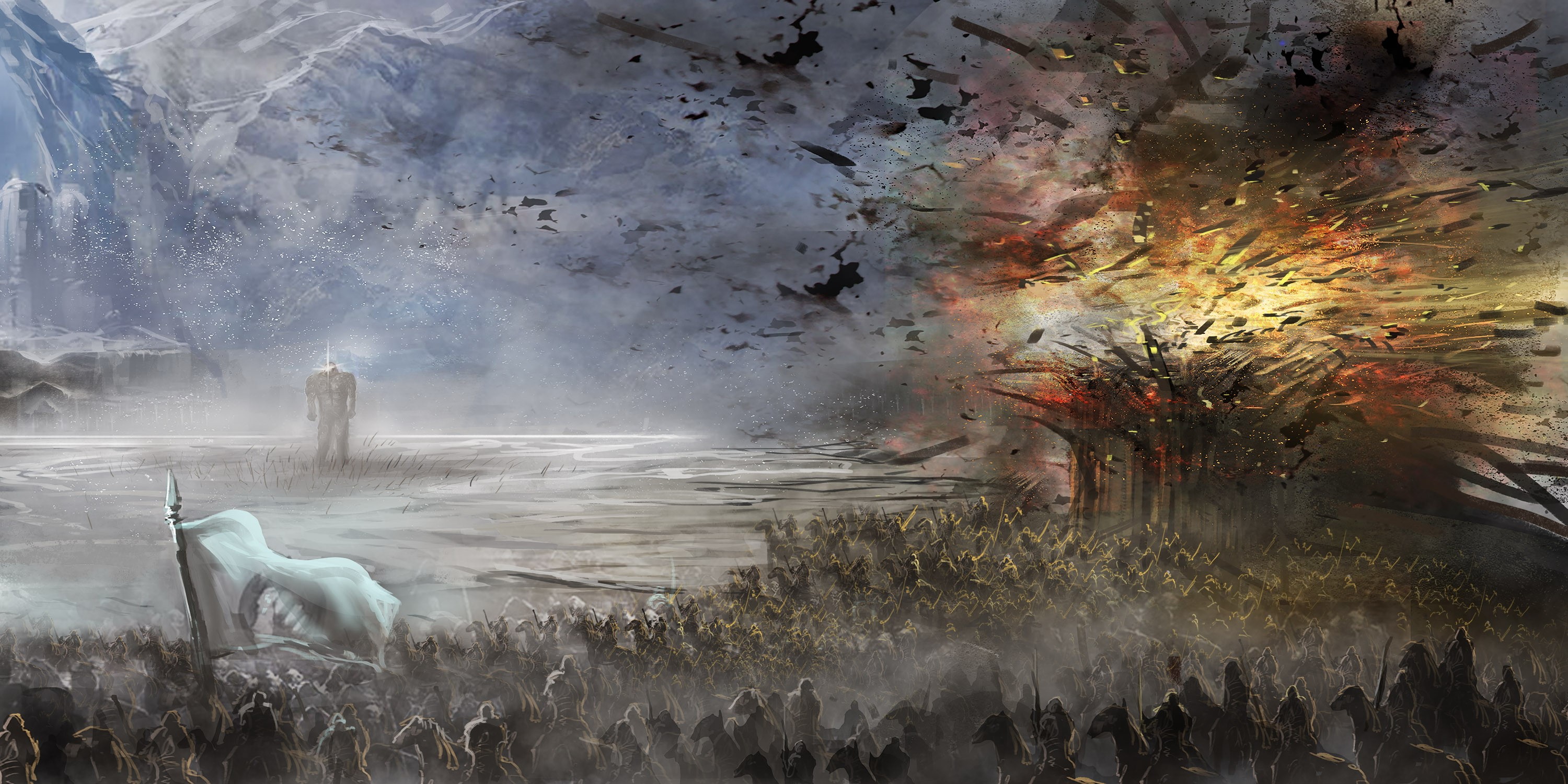 Warriors facing a giant and explosions in a snowy landscape HD Wallpaper