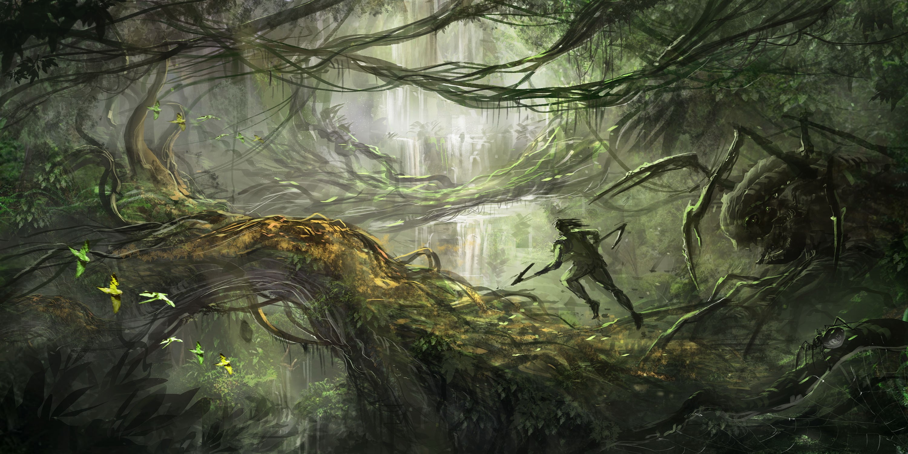 Warrior fighting giant spider in jungle with waterfall HD Wallpaper