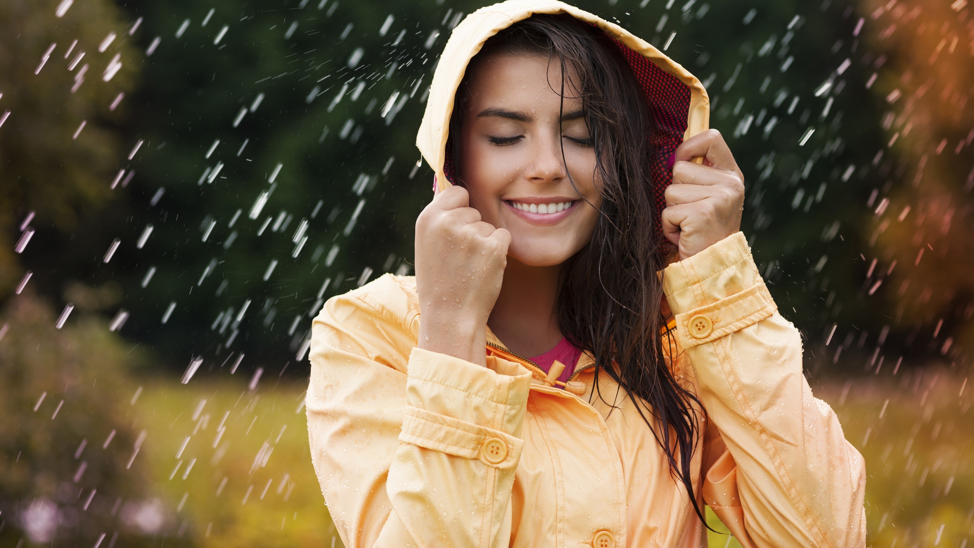 Woman in yellow raincoat smiling in the rain HD Wallpaper