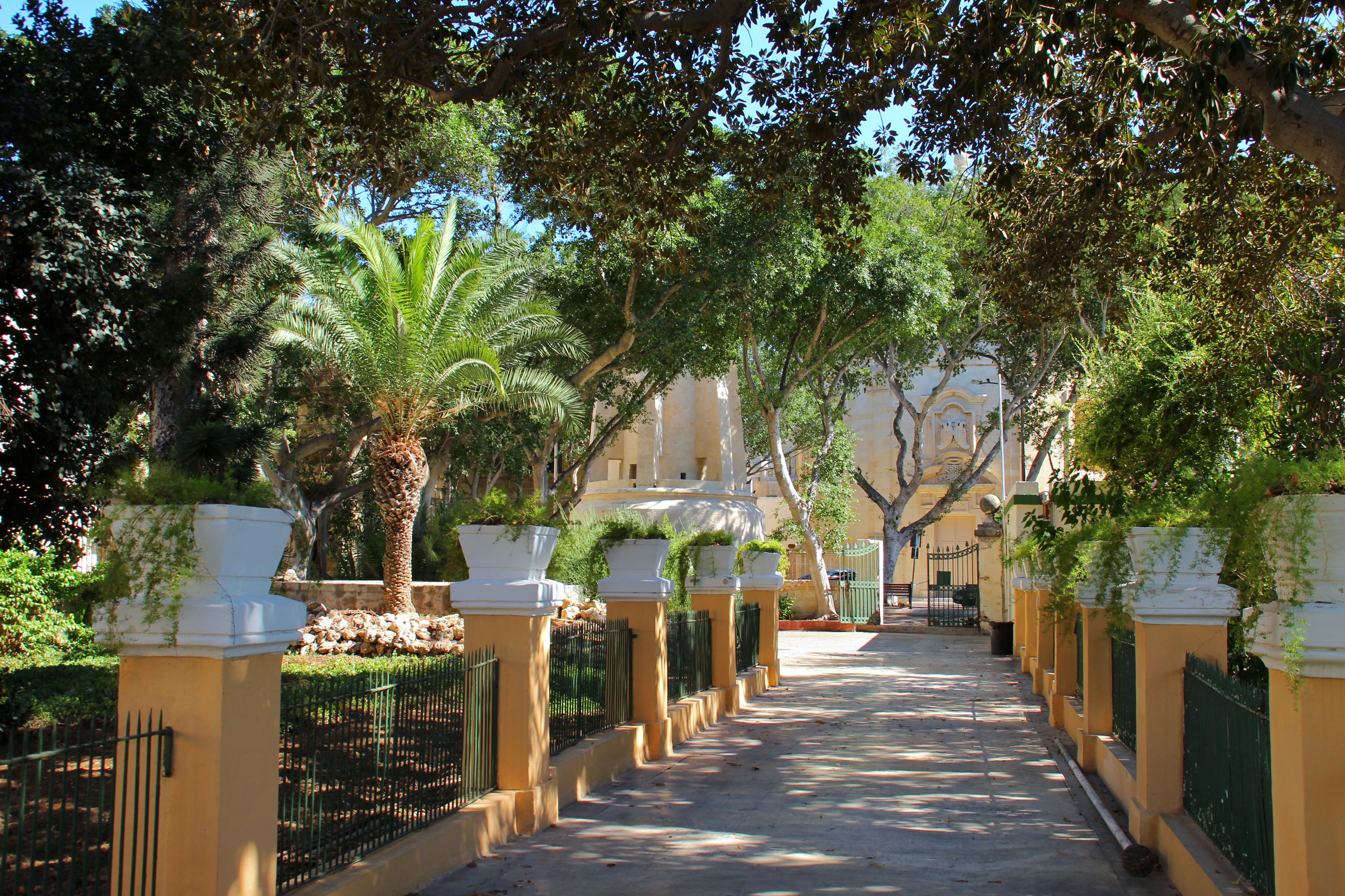 Garden path with potted plants and trees in Floriana, Malta HD Wallpaper