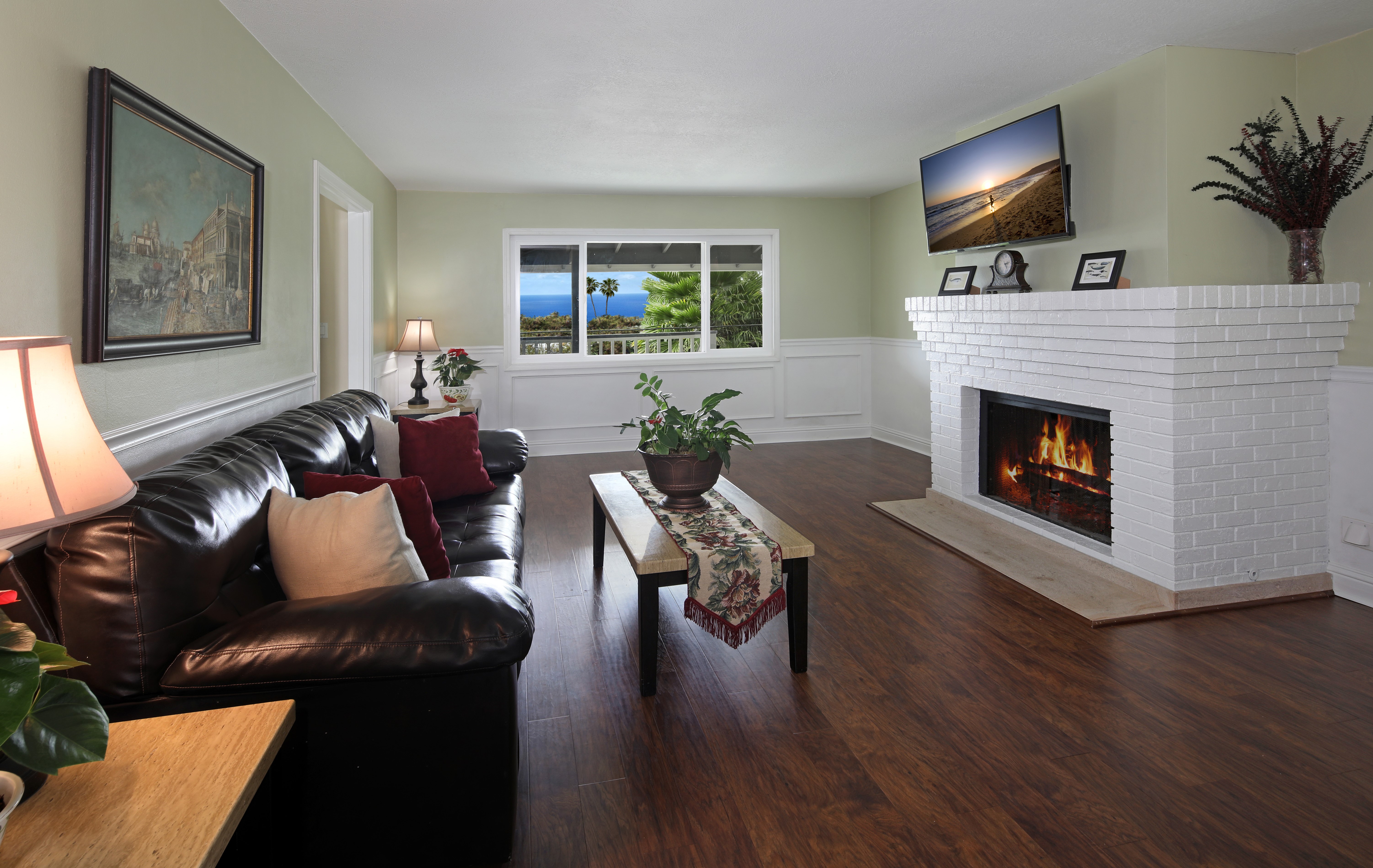 Living room with fireplace and sofa HD Wallpaper