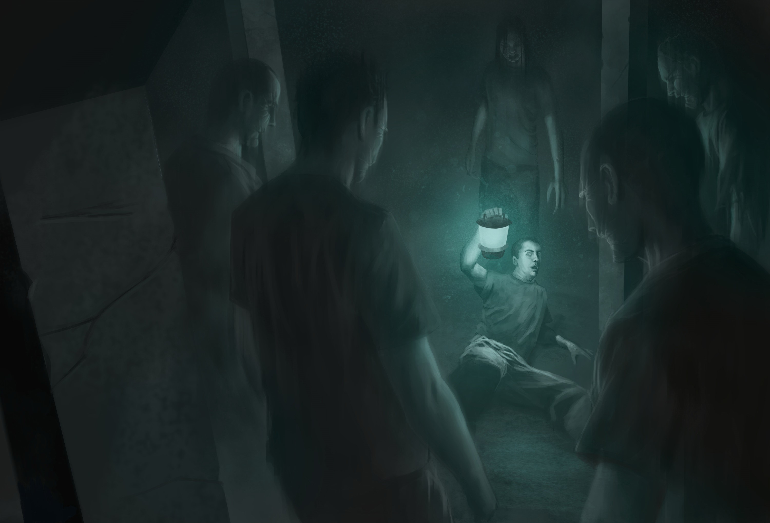 Zombies and people with a lantern in a dark place HD Wallpaper