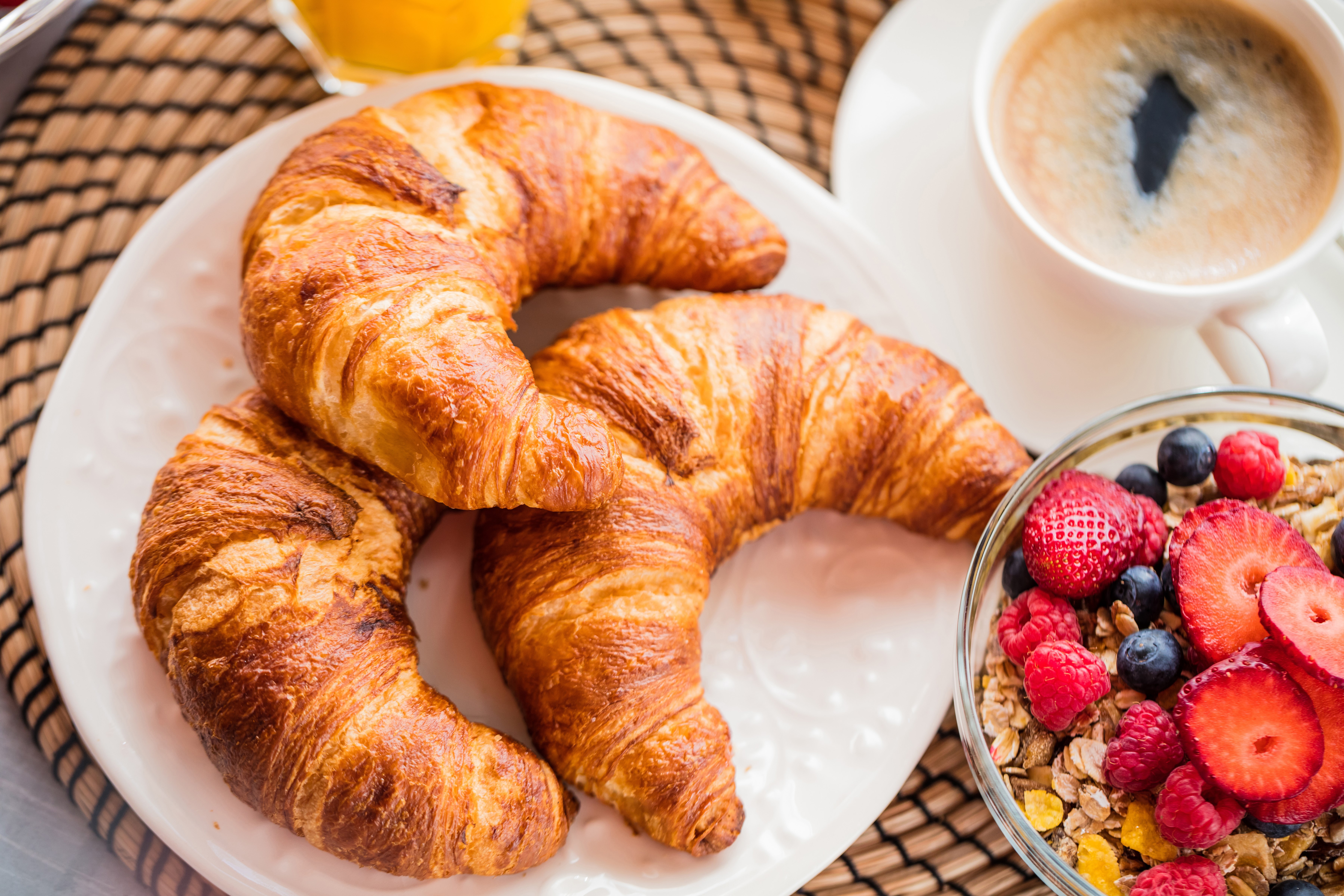 Croissants, Coffee, and Fruit Muesli Breakfast HD Wallpaper
