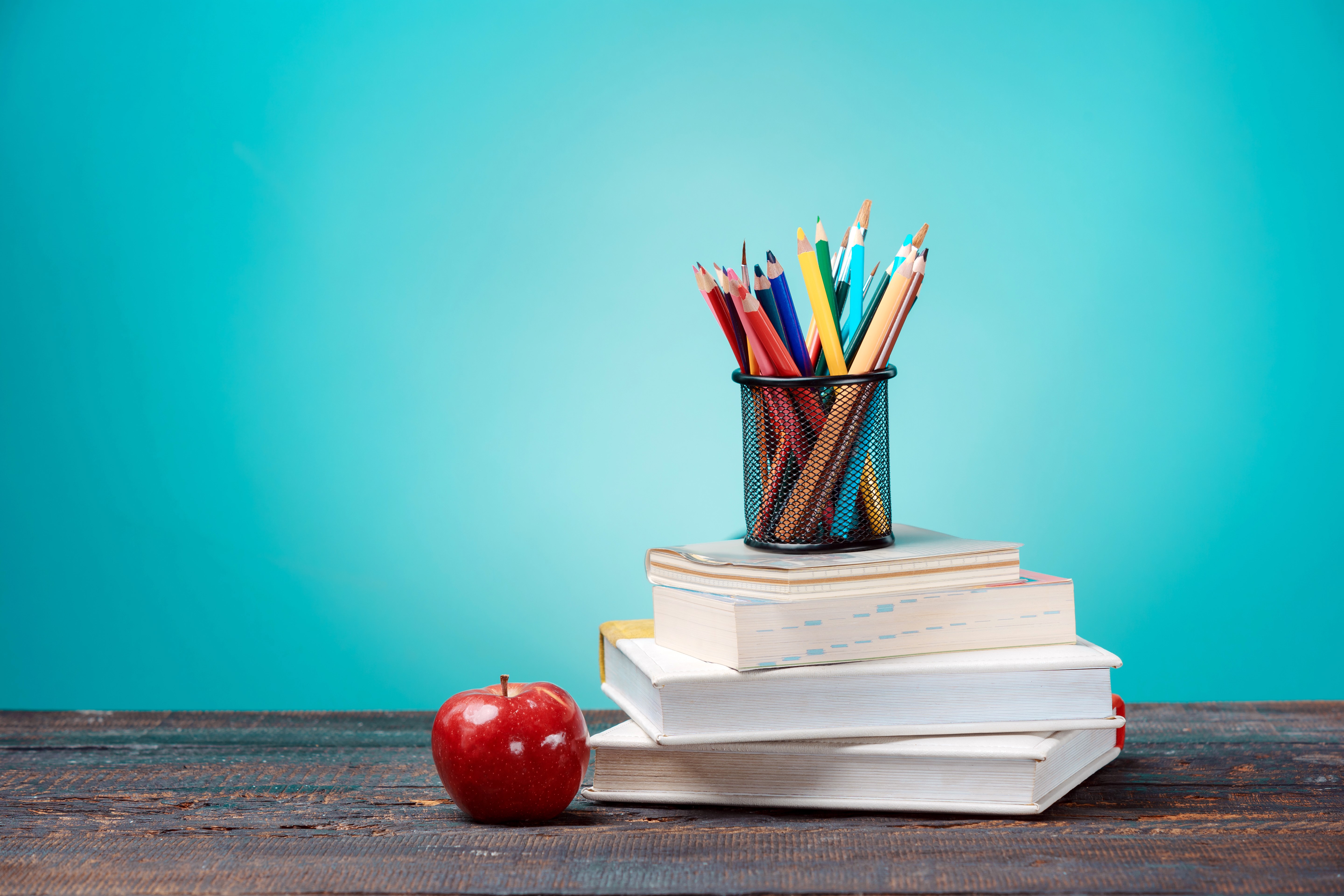 Apple, Books, and Pencils on Wooden Table HD Wallpaper