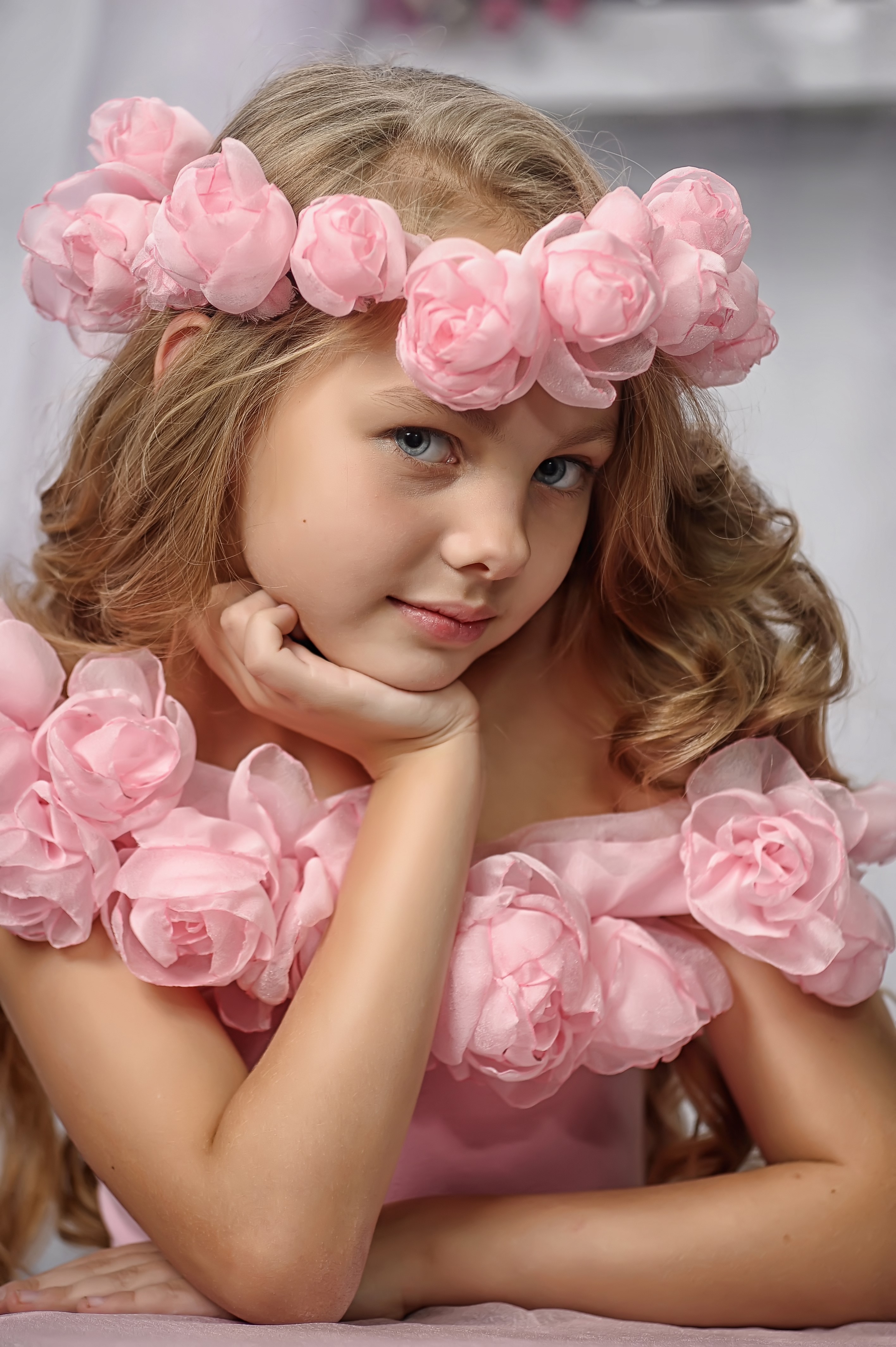 Girl with pink flower wreath and dress HD Phone Wallpaper