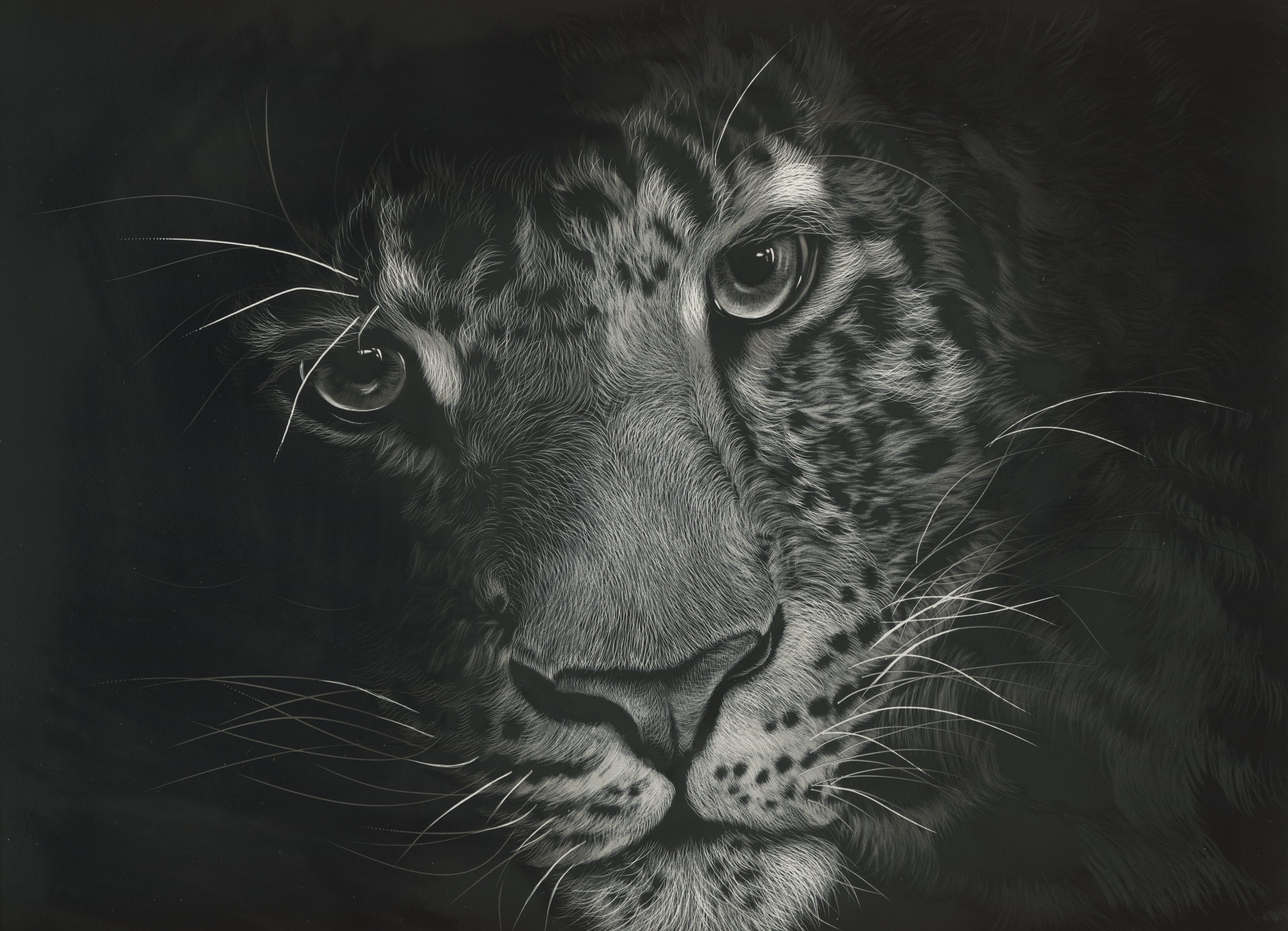 Black and white close-up of a leopard's face HD Wallpaper