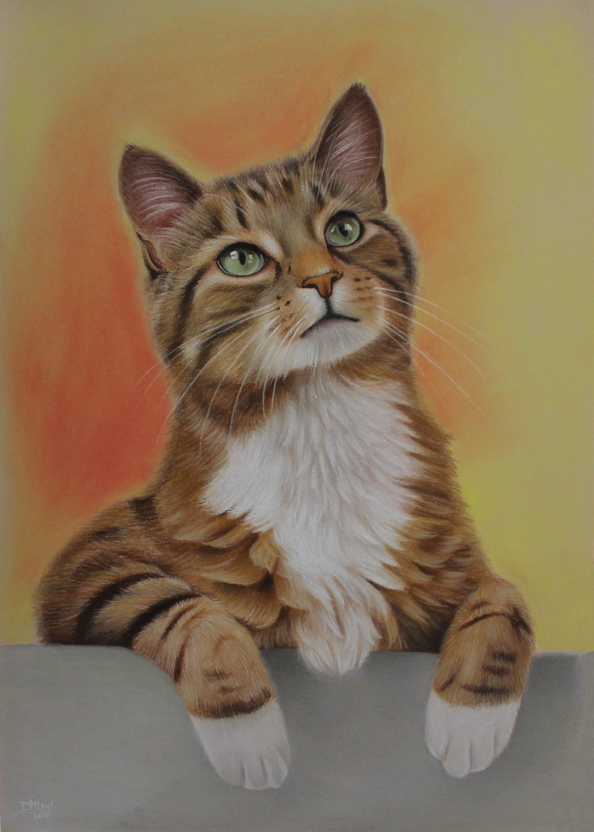 Painting of a tabby cat with green eyes HD Phone Wallpaper