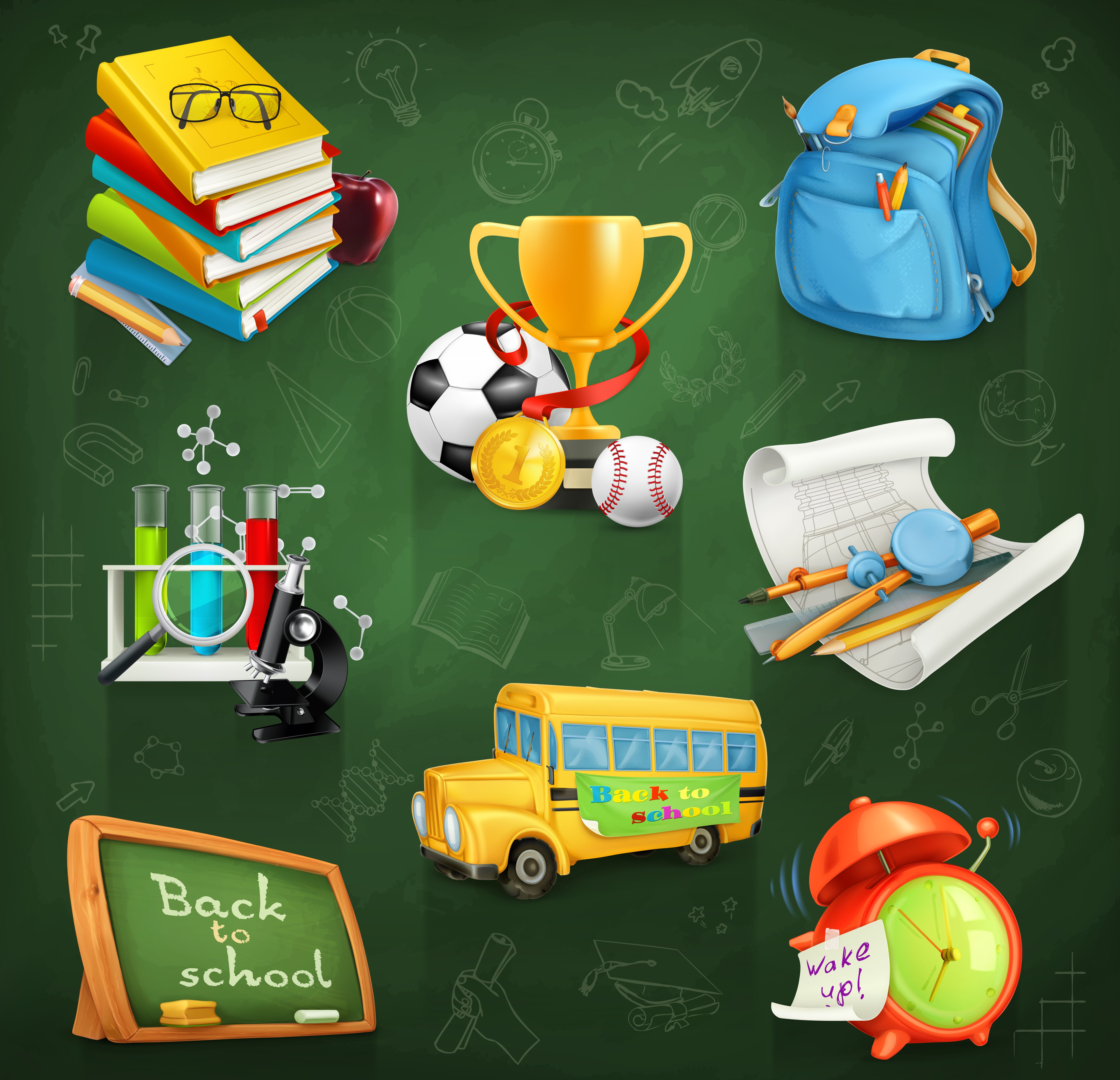 School supplies and sports equipment on a chalkboard background HD Wallpaper