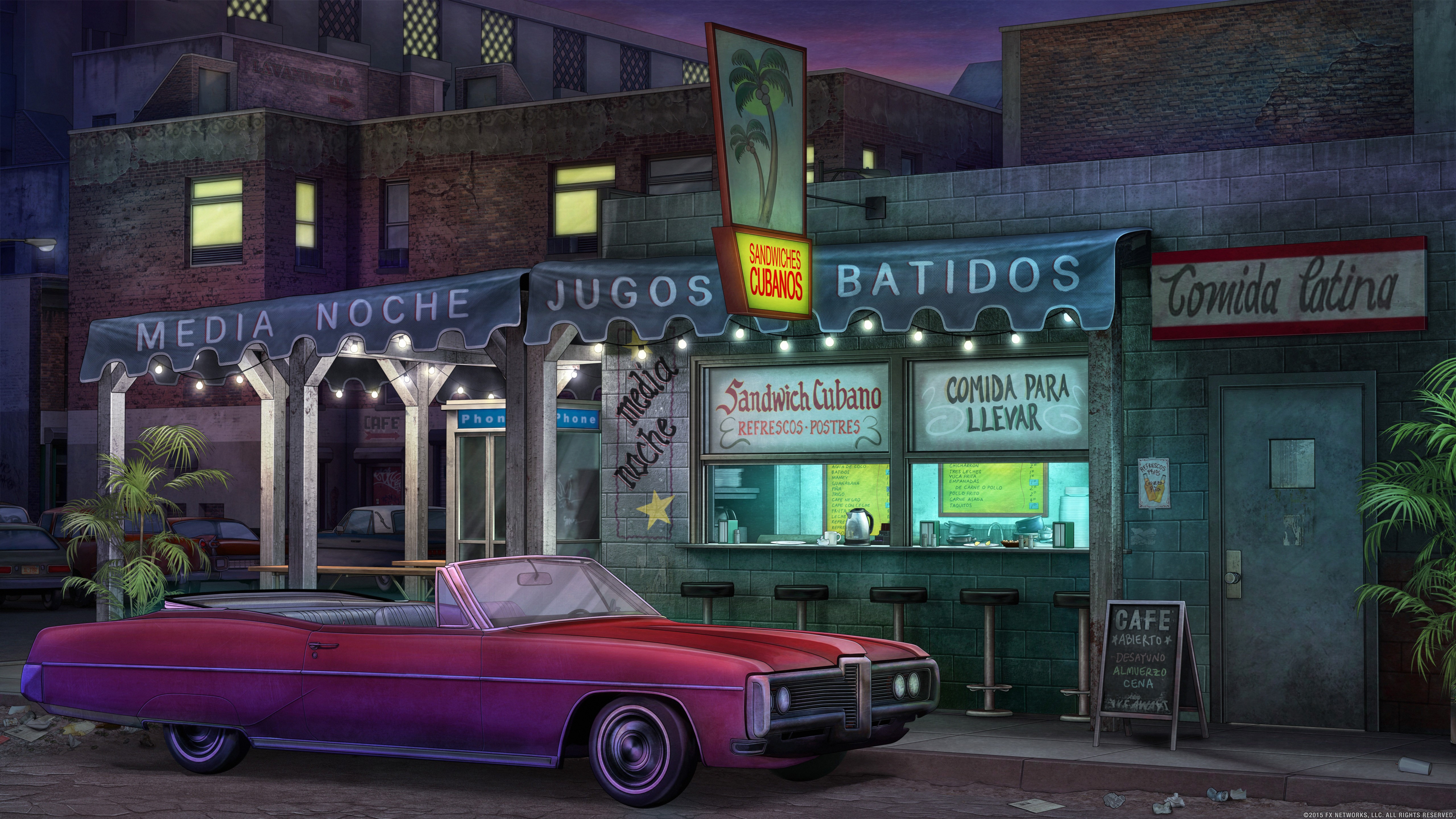 Media Noche Cafe with Convertible at Night HD Wallpaper