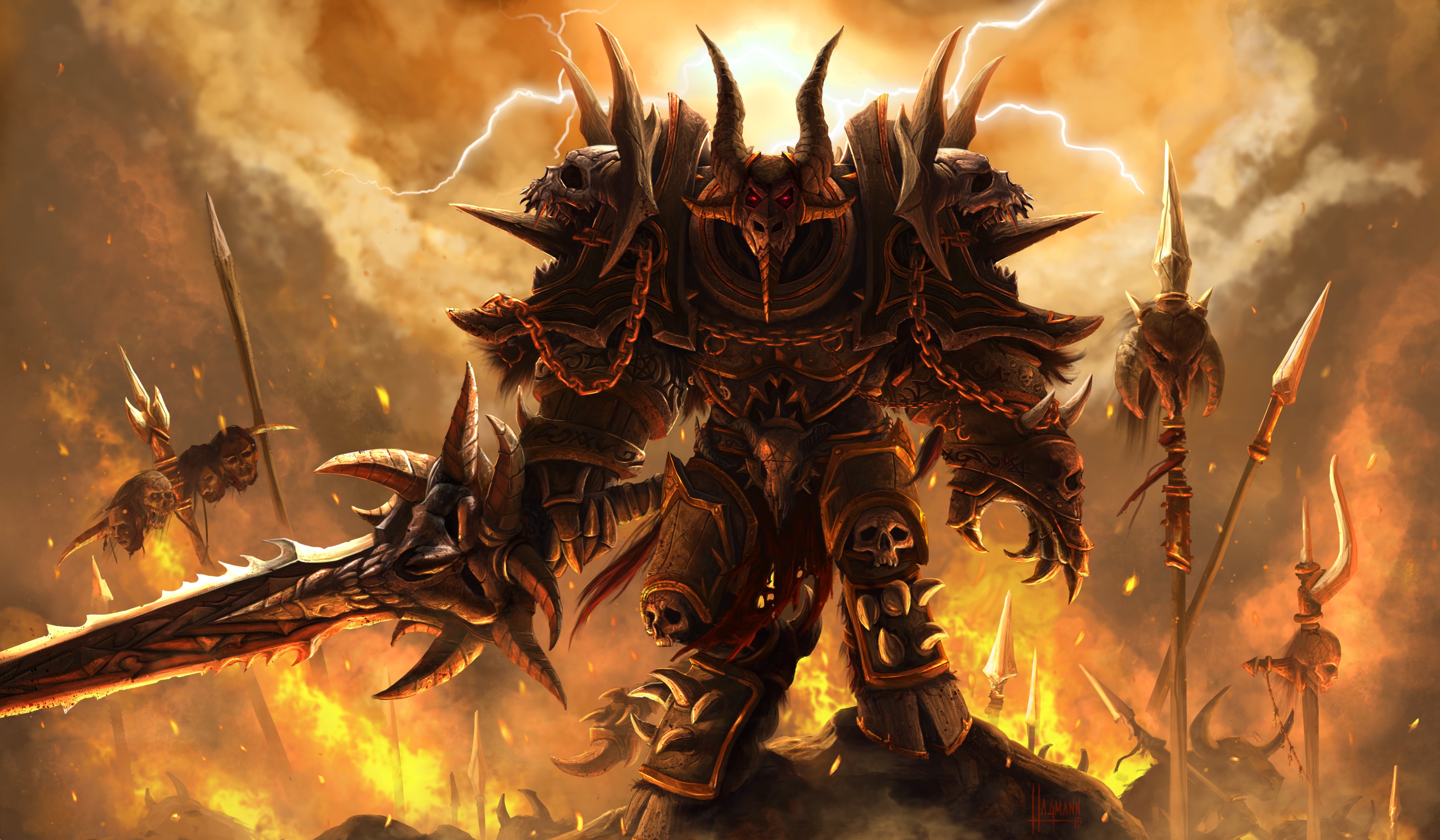 Chaos Warrior with large sword and skulls HD Wallpaper