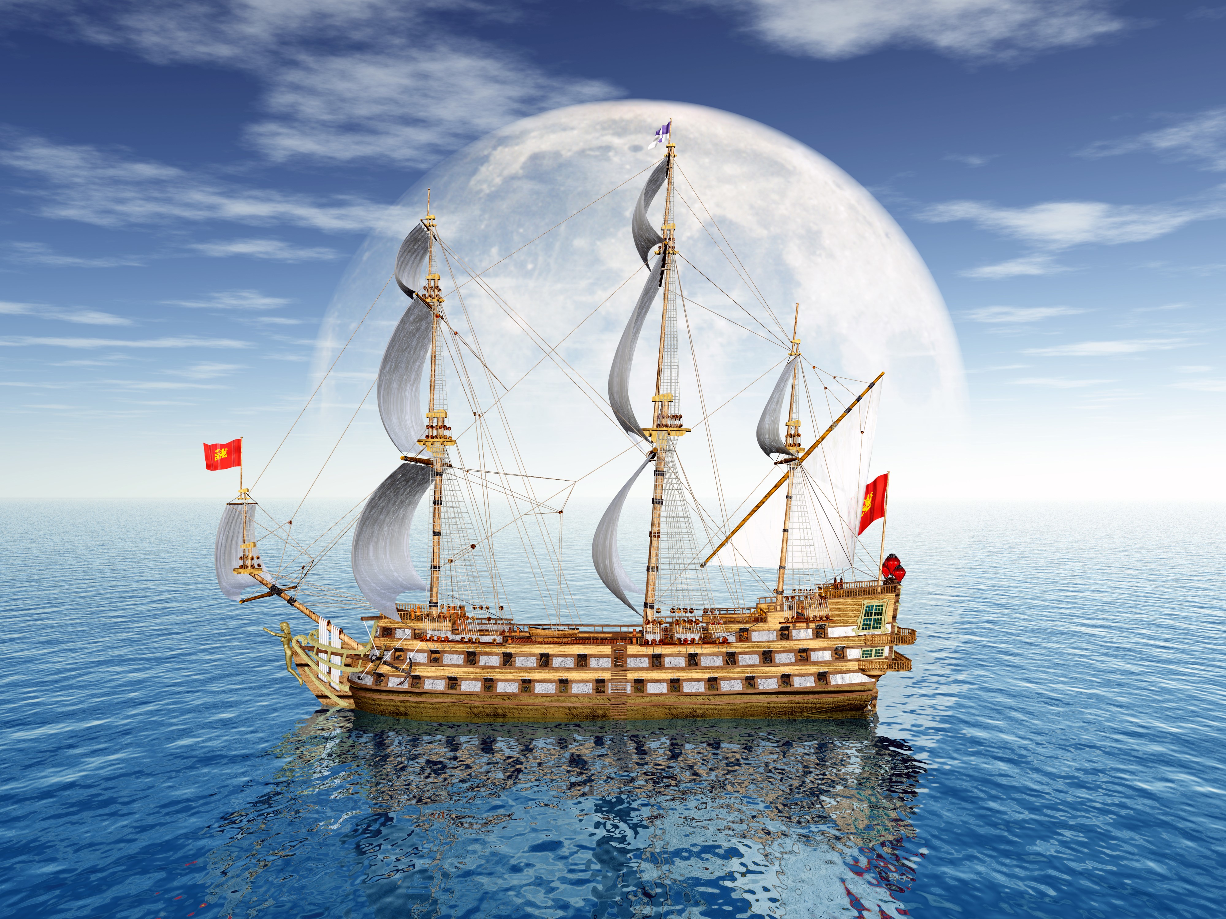 4K Sailing Ship on the Sea with Moon HD Wallpaper