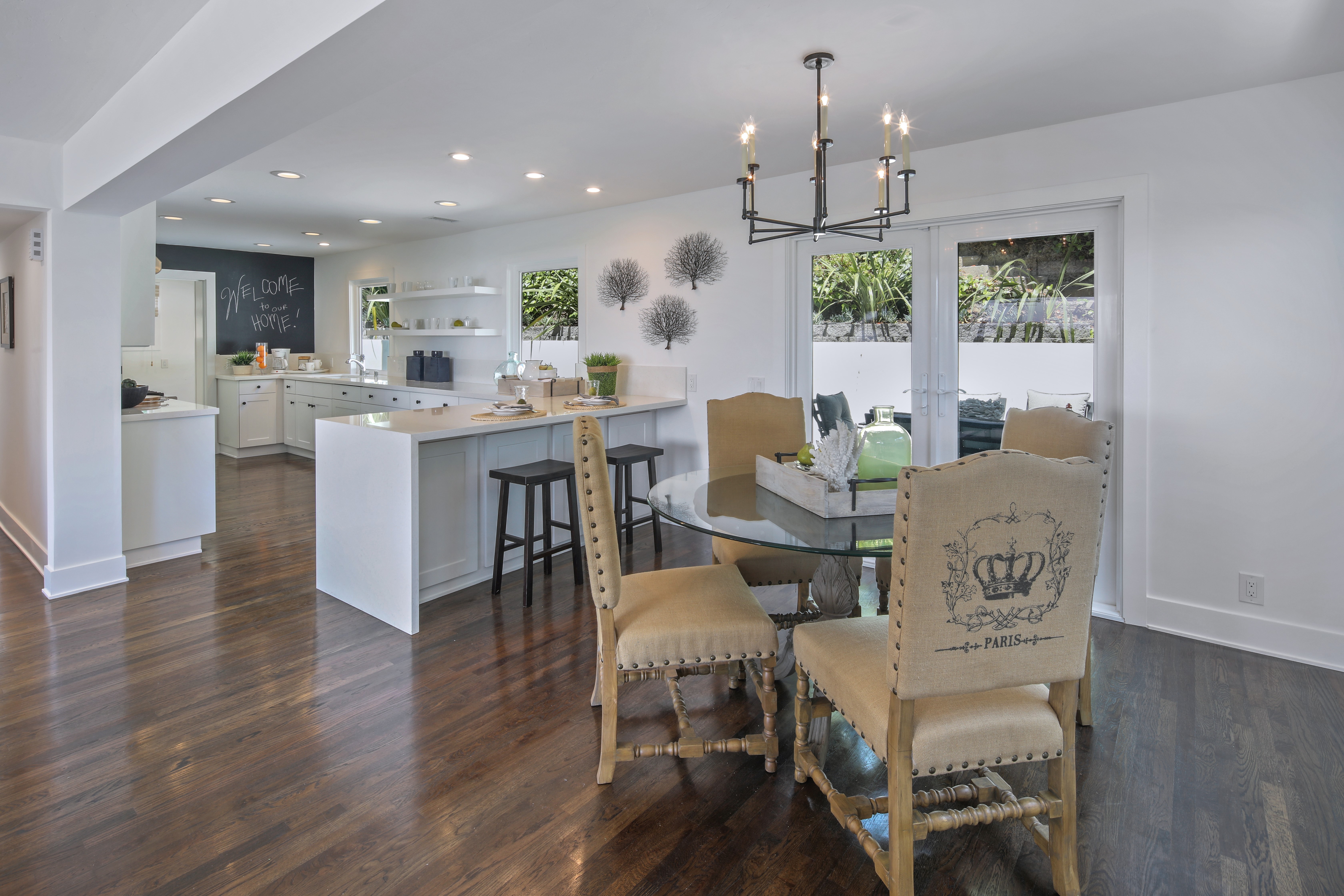 Kitchen and Dining Area with Chandelier HD Wallpaper