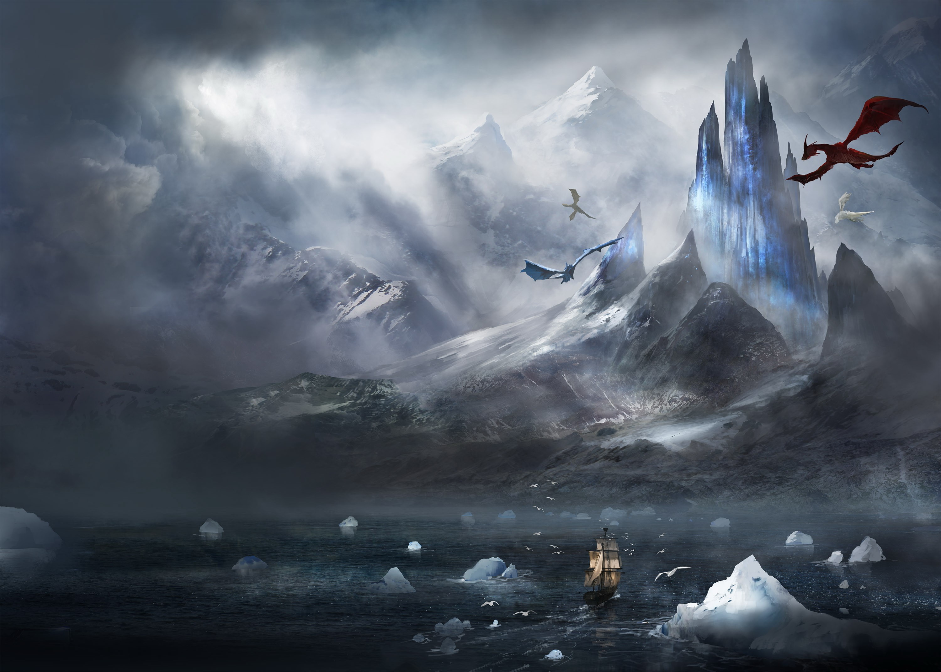 Dragons flying over a ship in a frozen landscape HD Wallpaper