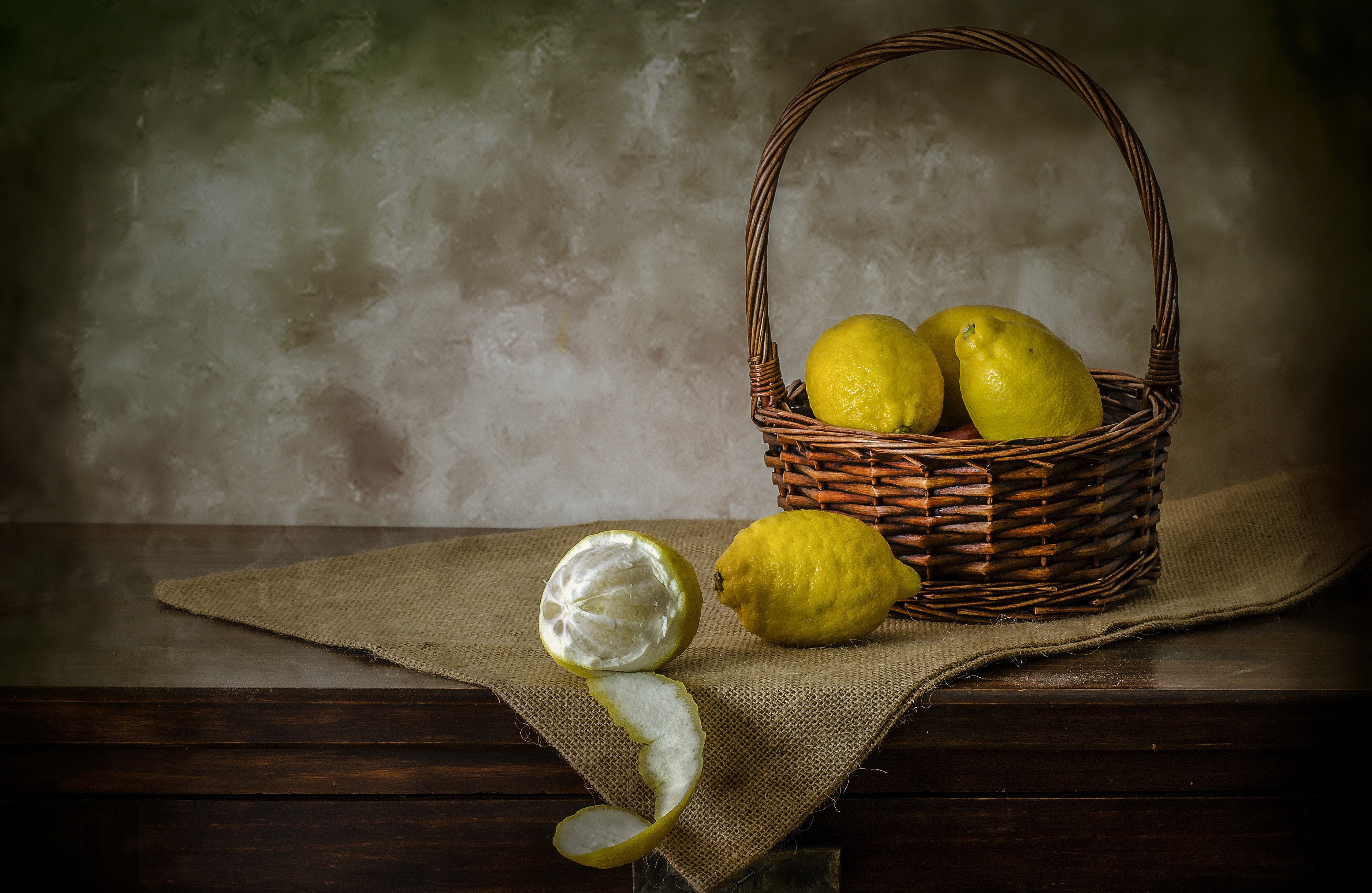 Lemons in a Wicker Basket Still-life HD Wallpaper