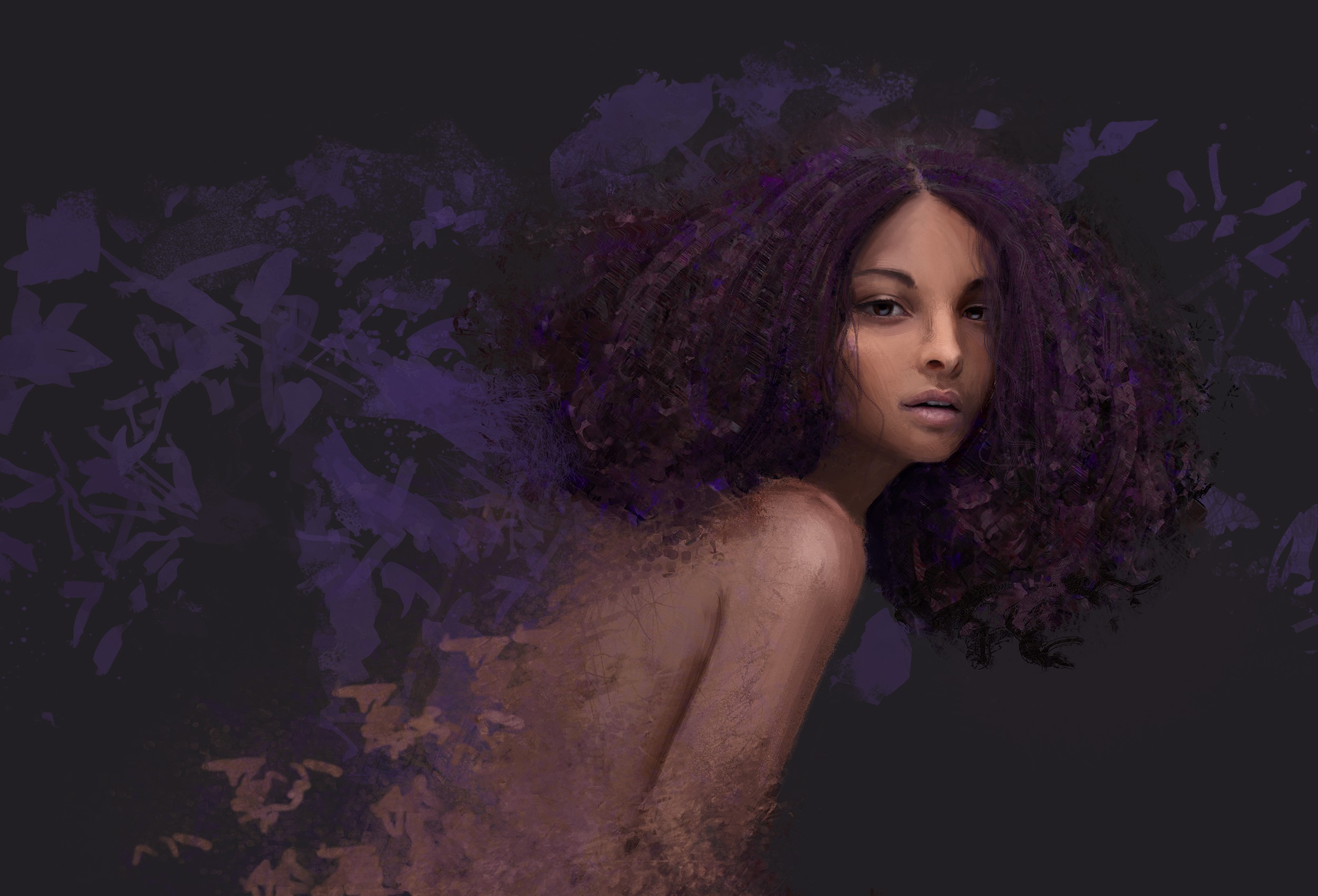 Painting of a woman with purple hair dissolving into purple leaves HD Wallpaper
