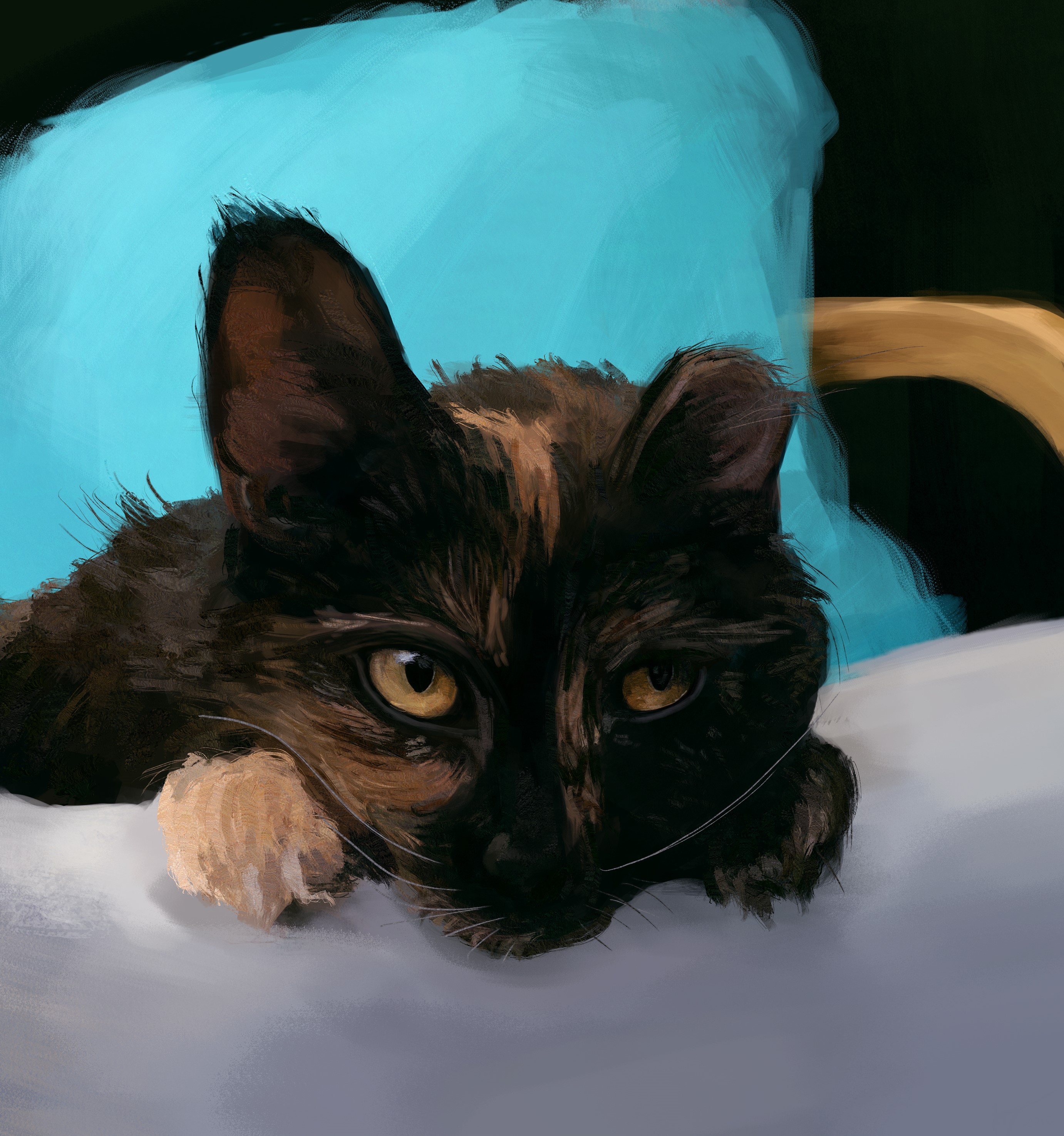 Painting of a tortoiseshell cat resting on a pillow HD Wallpaper