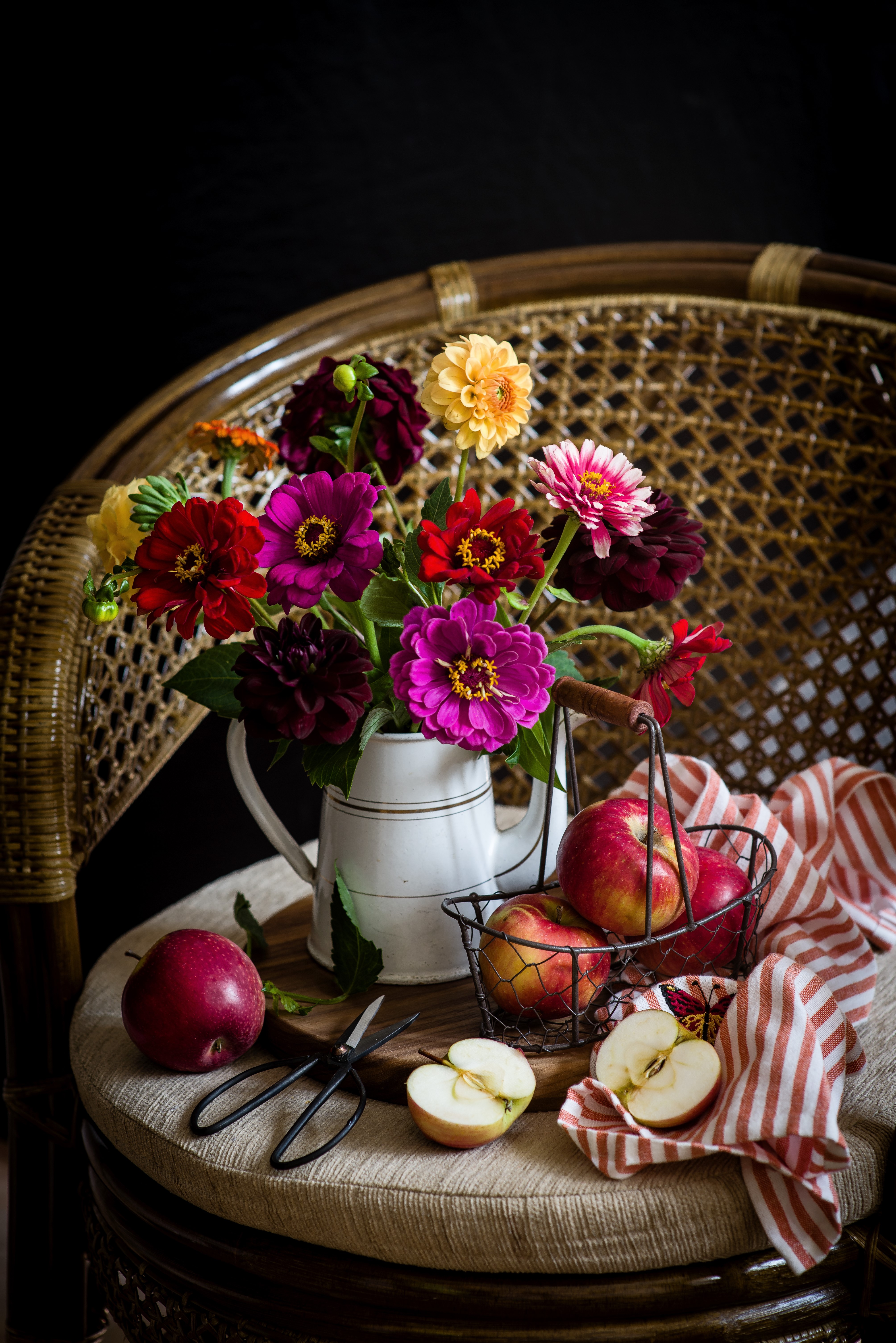 Still-life with Zinnias and Apples HD Phone Wallpaper