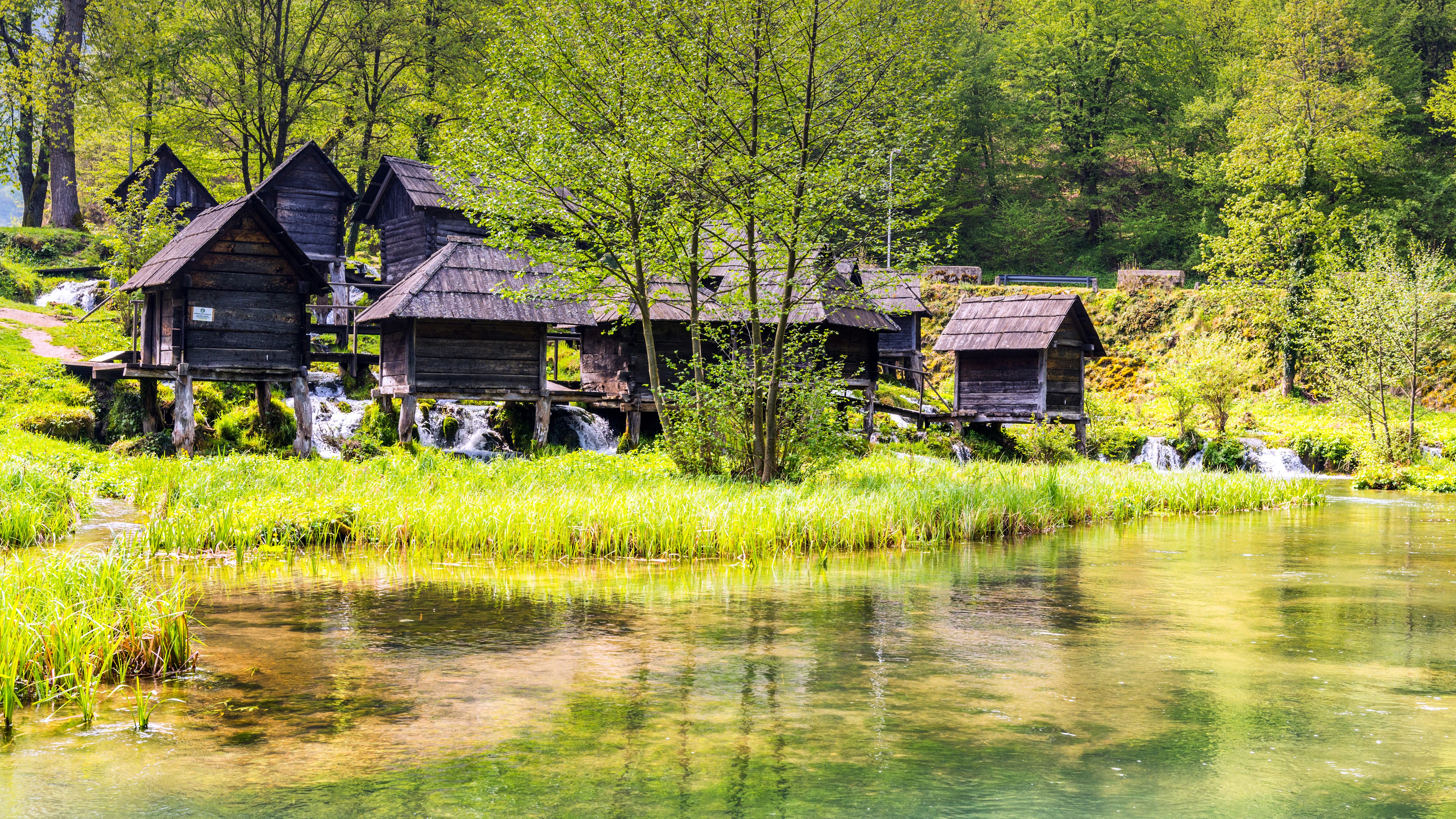 Wooden mills on water in Plitvice National Park, Croatia HD Wallpaper