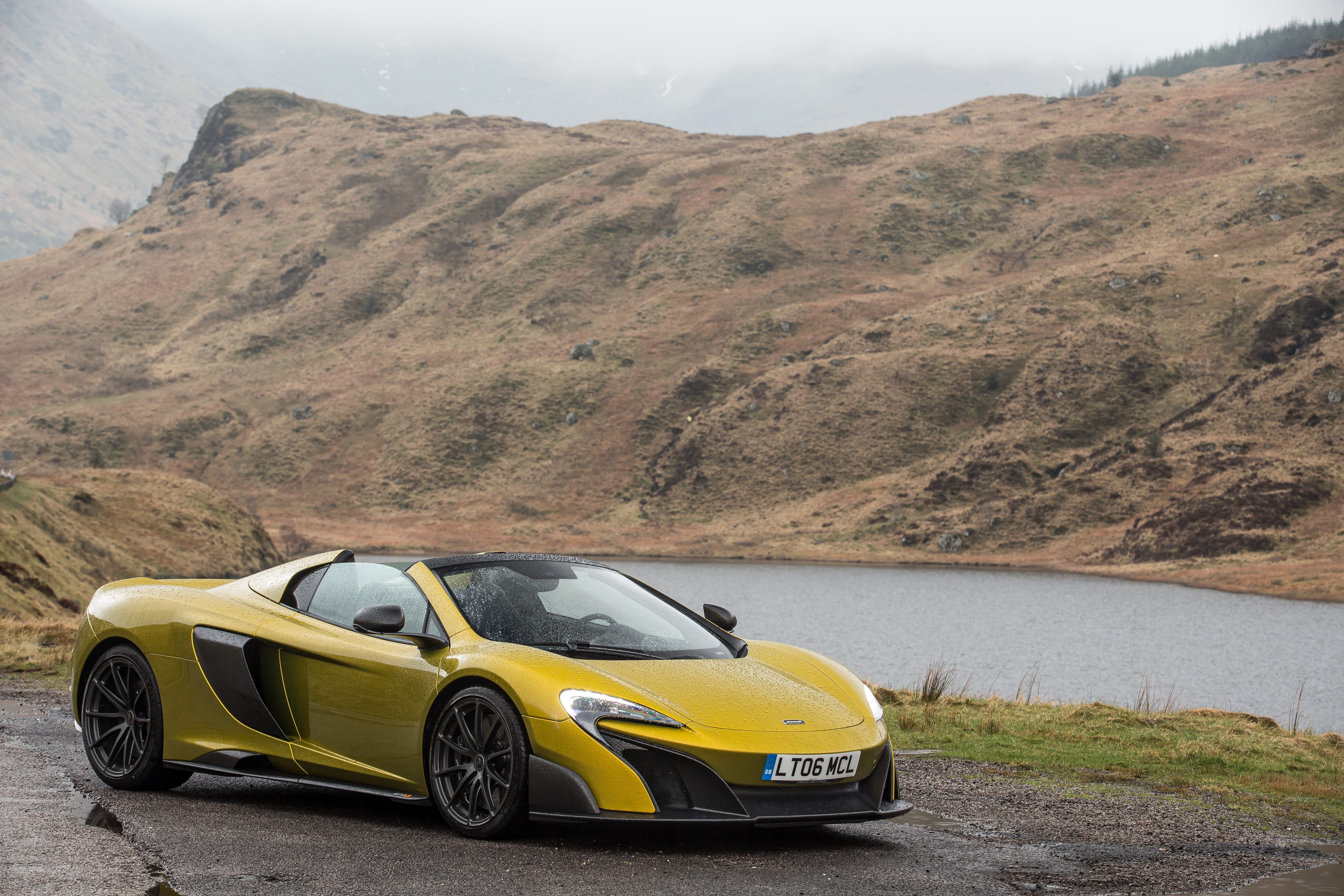 Yellow 2016 McLaren 675LT Spider by a Lake HD Wallpaper