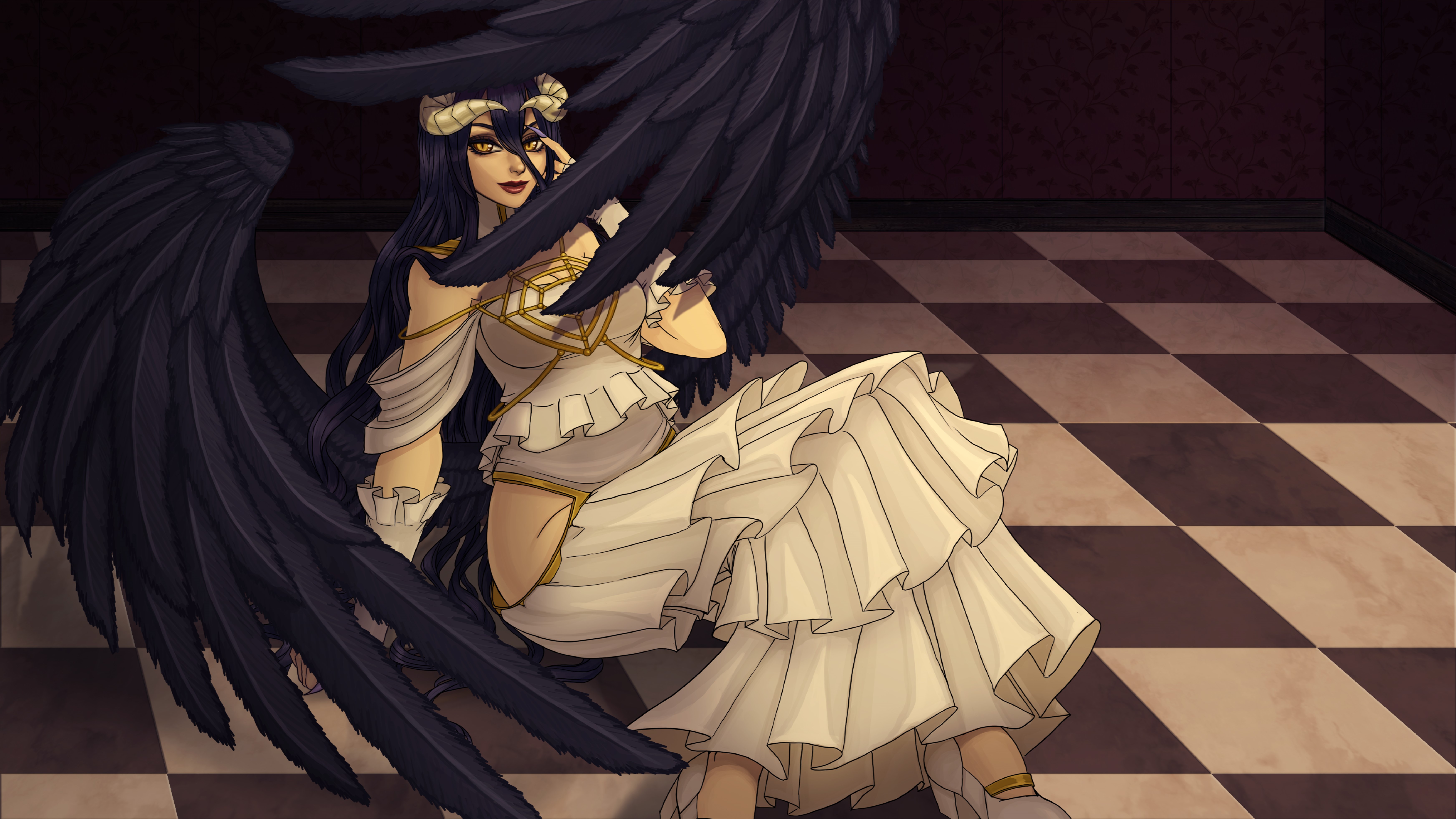 Albedo with black wings sitting on a checkered floor HD Wallpaper