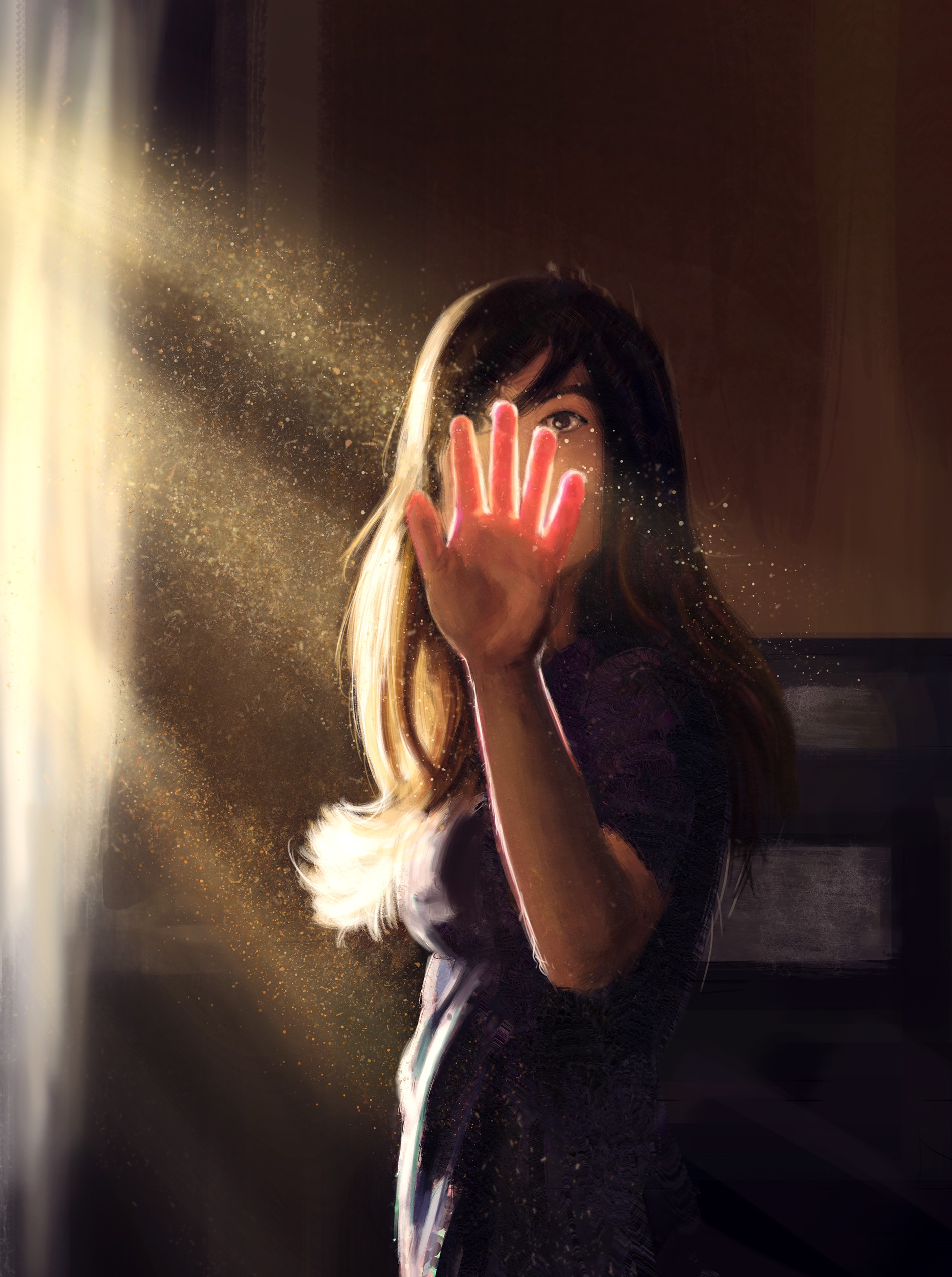 Painting of a woman with hand in light HD Phone Wallpaper