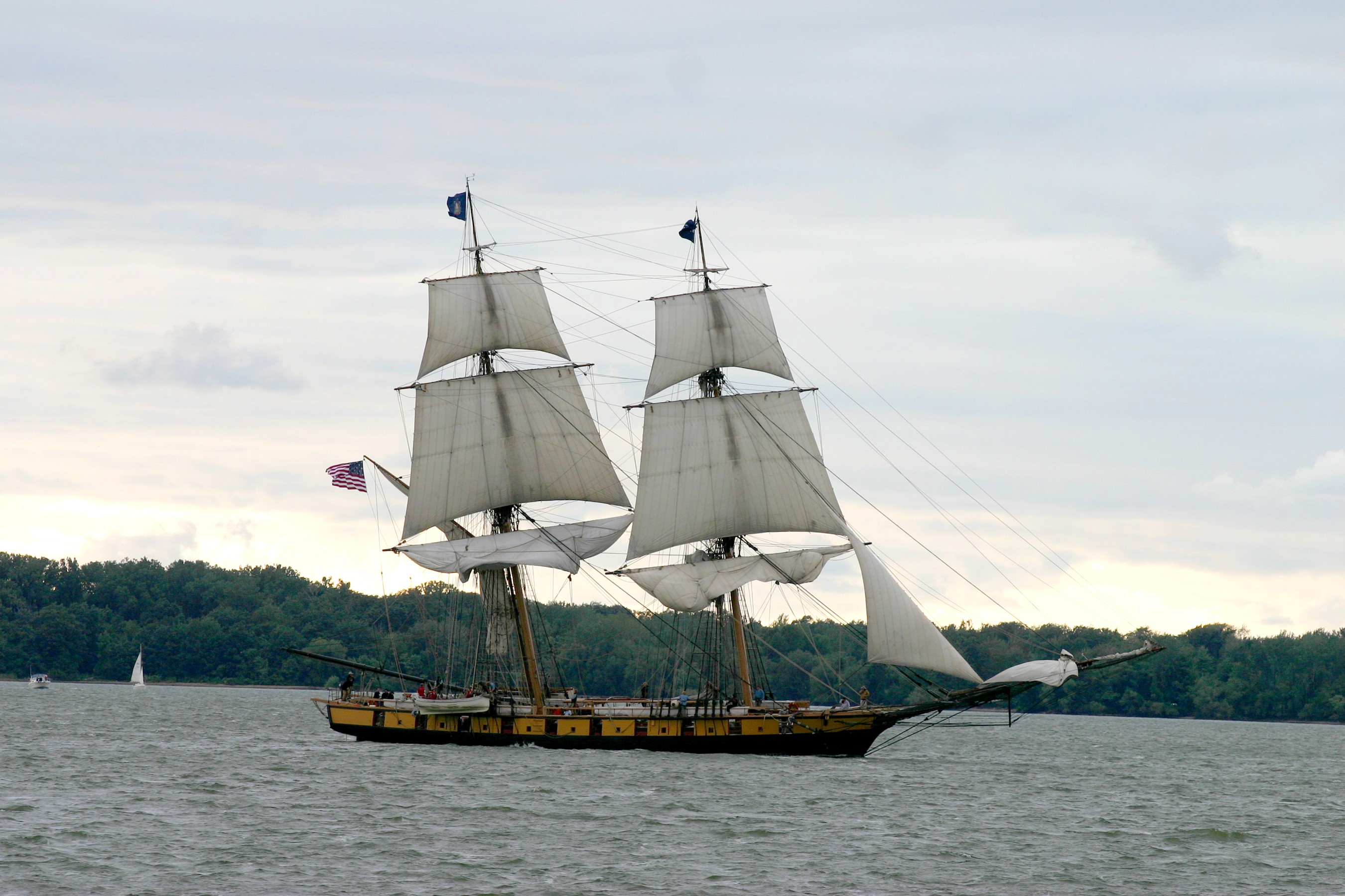 Tall ship with sails on the water HD Wallpaper