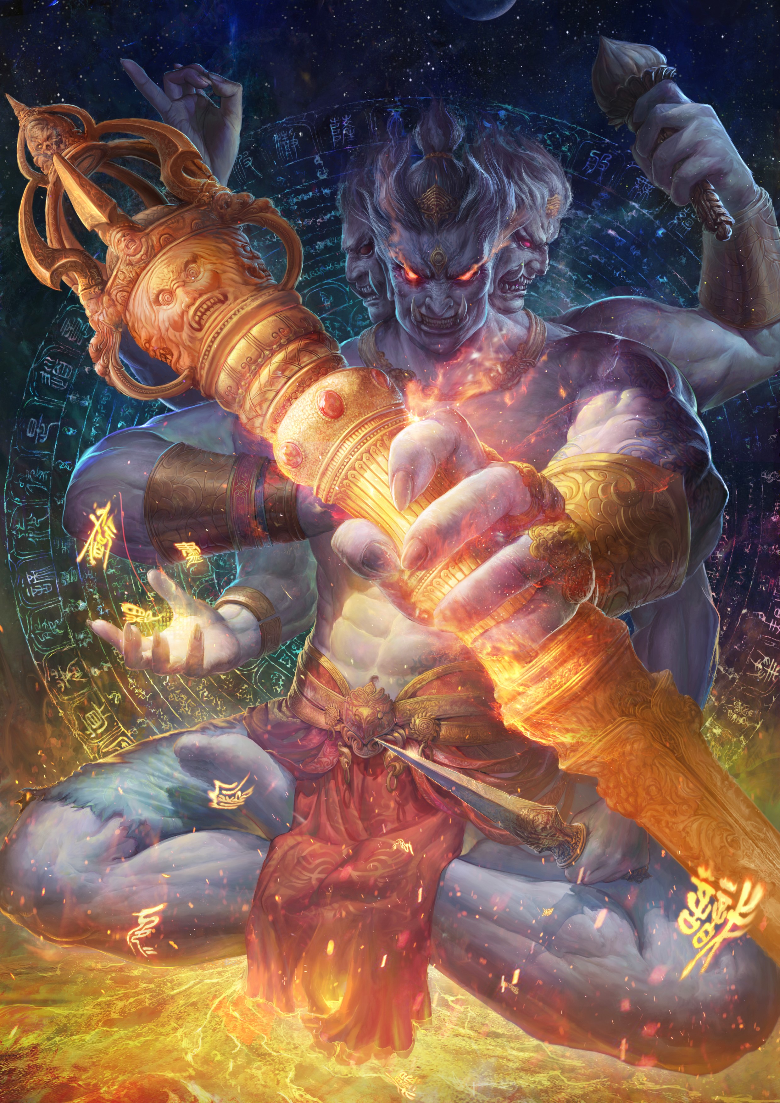 Four-faced deity holding a mace HD Phone Wallpaper