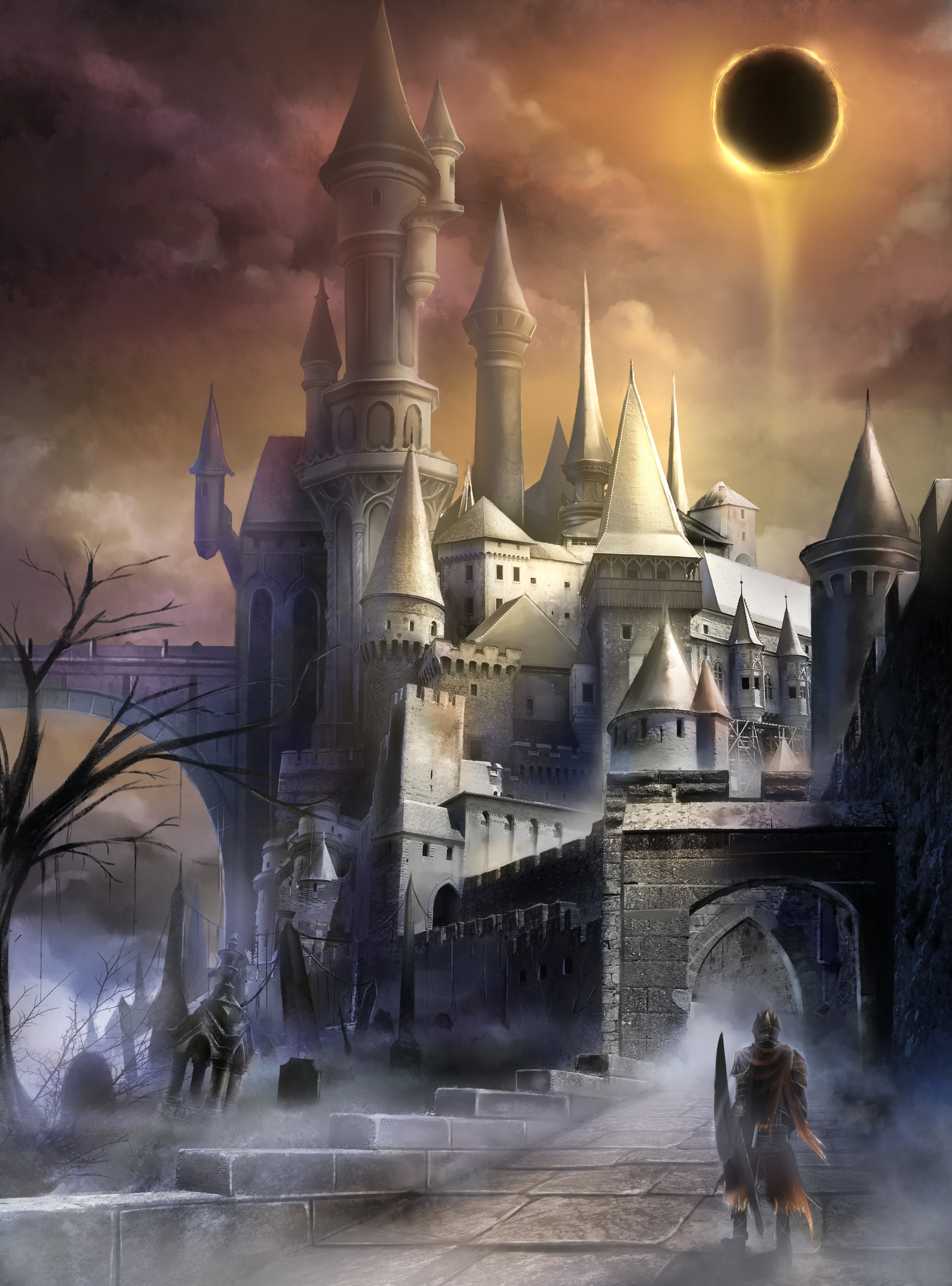 Warriors approaching a dark castle under an eclipse HD Phone Wallpaper