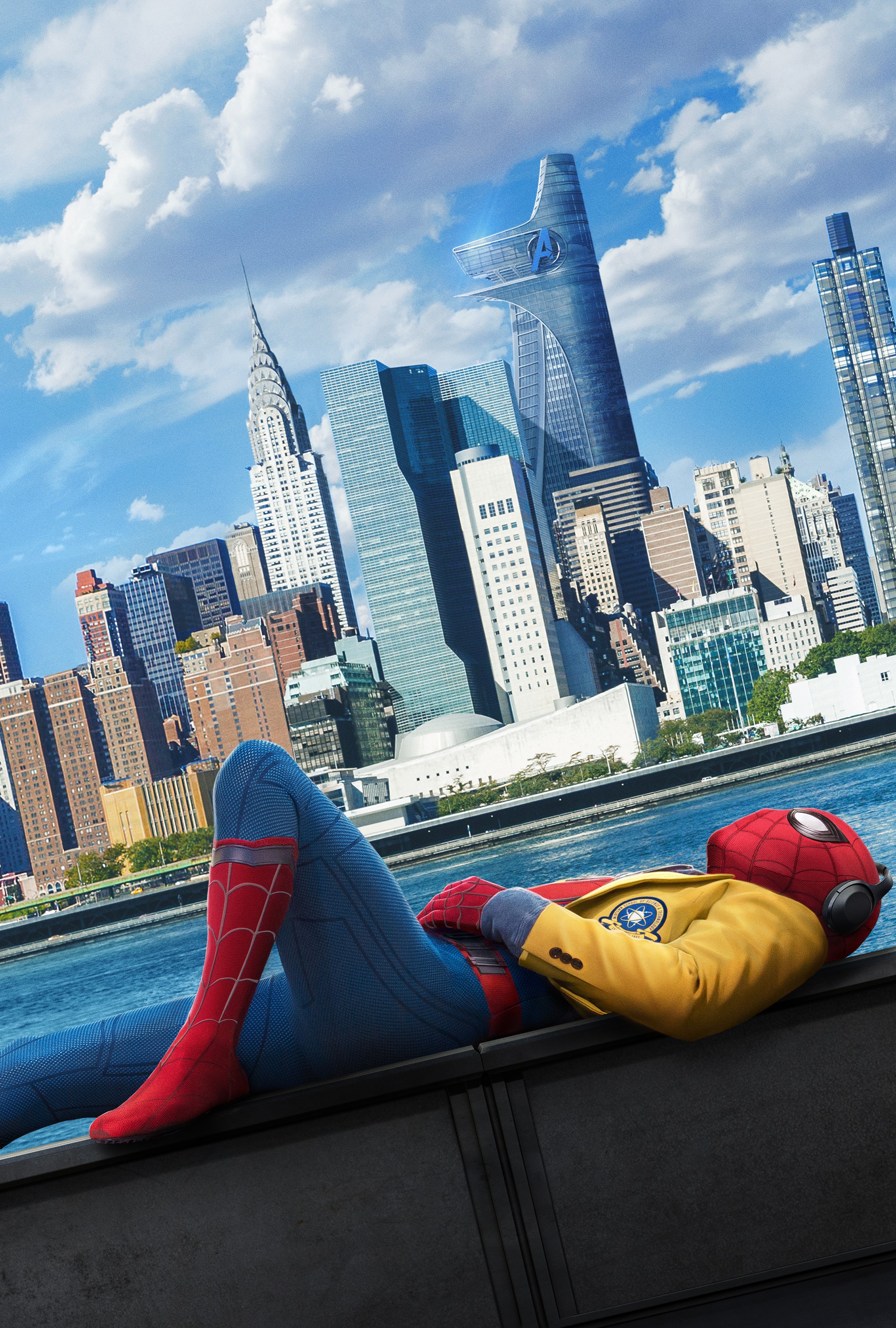 Spider-Man from Spider-Man: Homecoming relaxing in front of Avengers Tower HD Phone Wallpaper