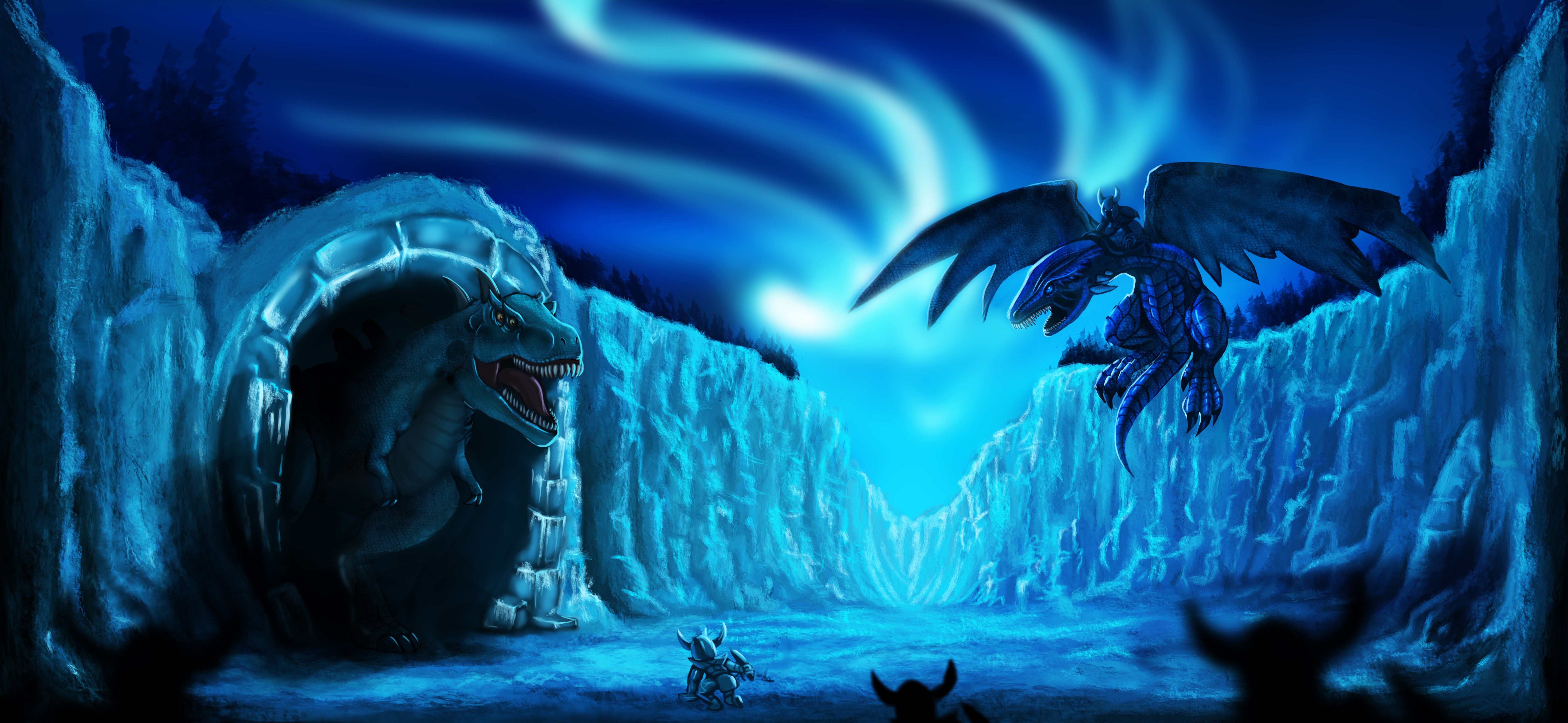 Dinosaurs and Dragons in an Icy Landscape HD Wallpaper