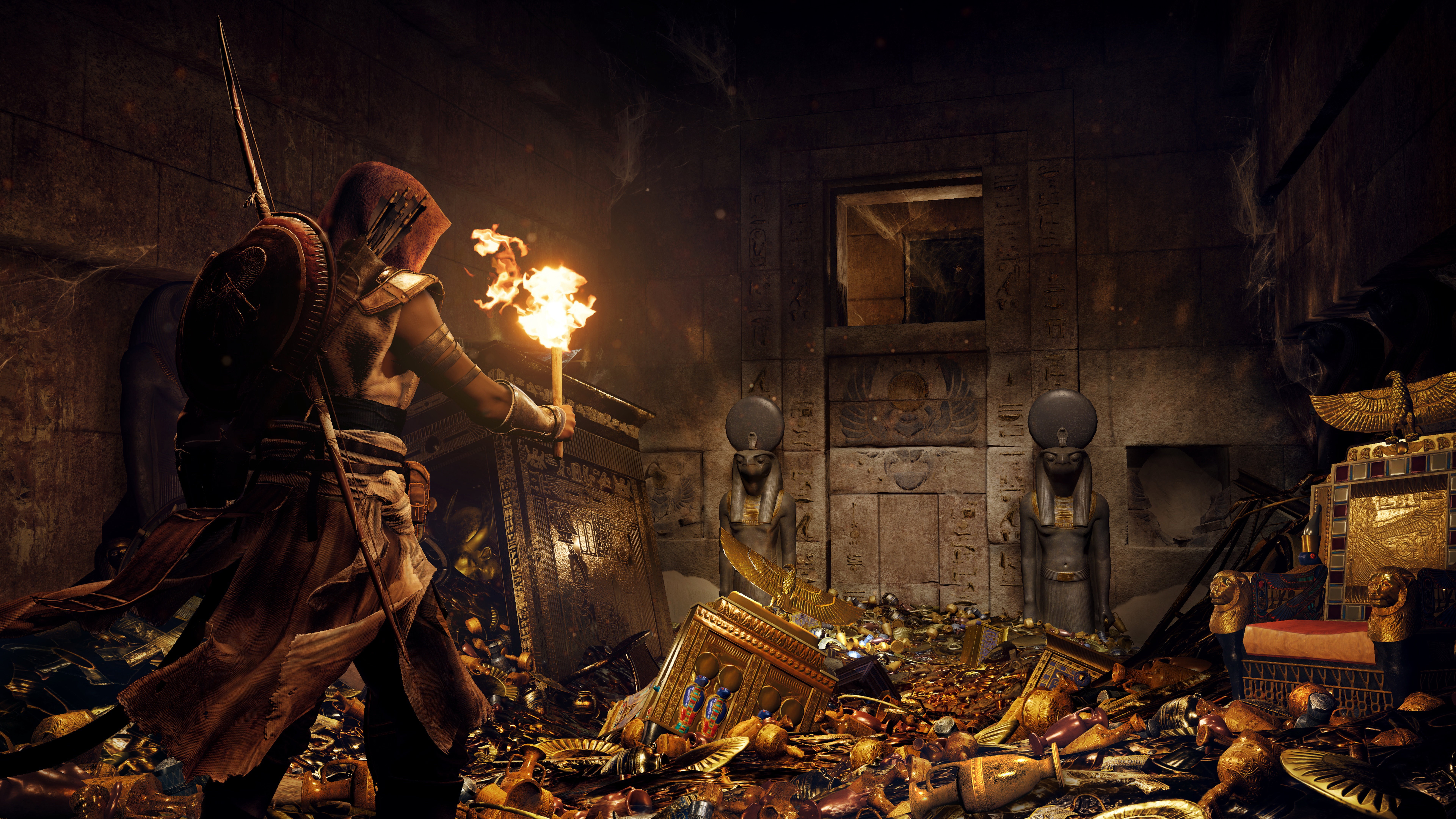 Assassin's Creed Origins character with torch in tomb HD Wallpaper