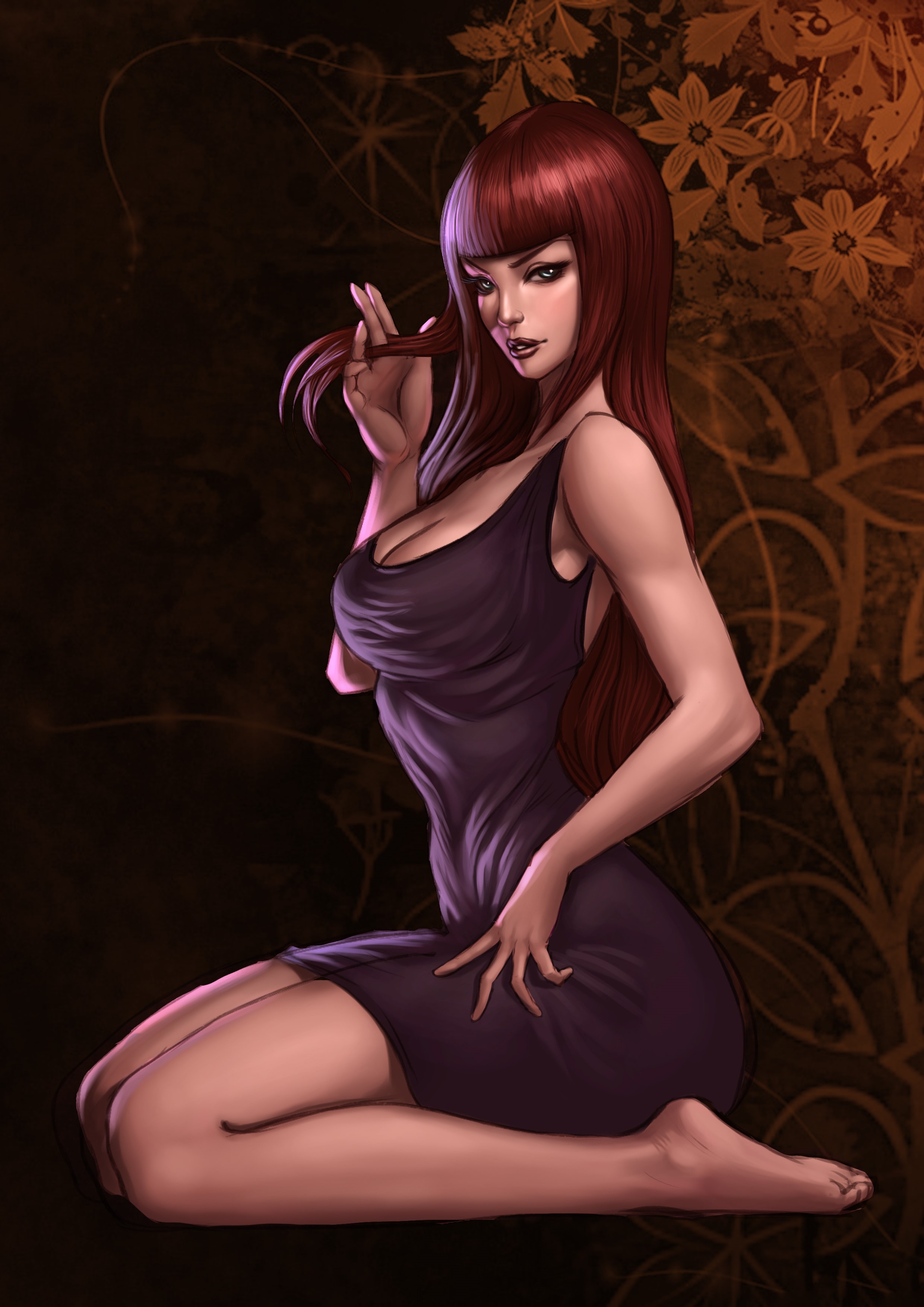 Redhead girl in a purple dress HD Phone Wallpaper