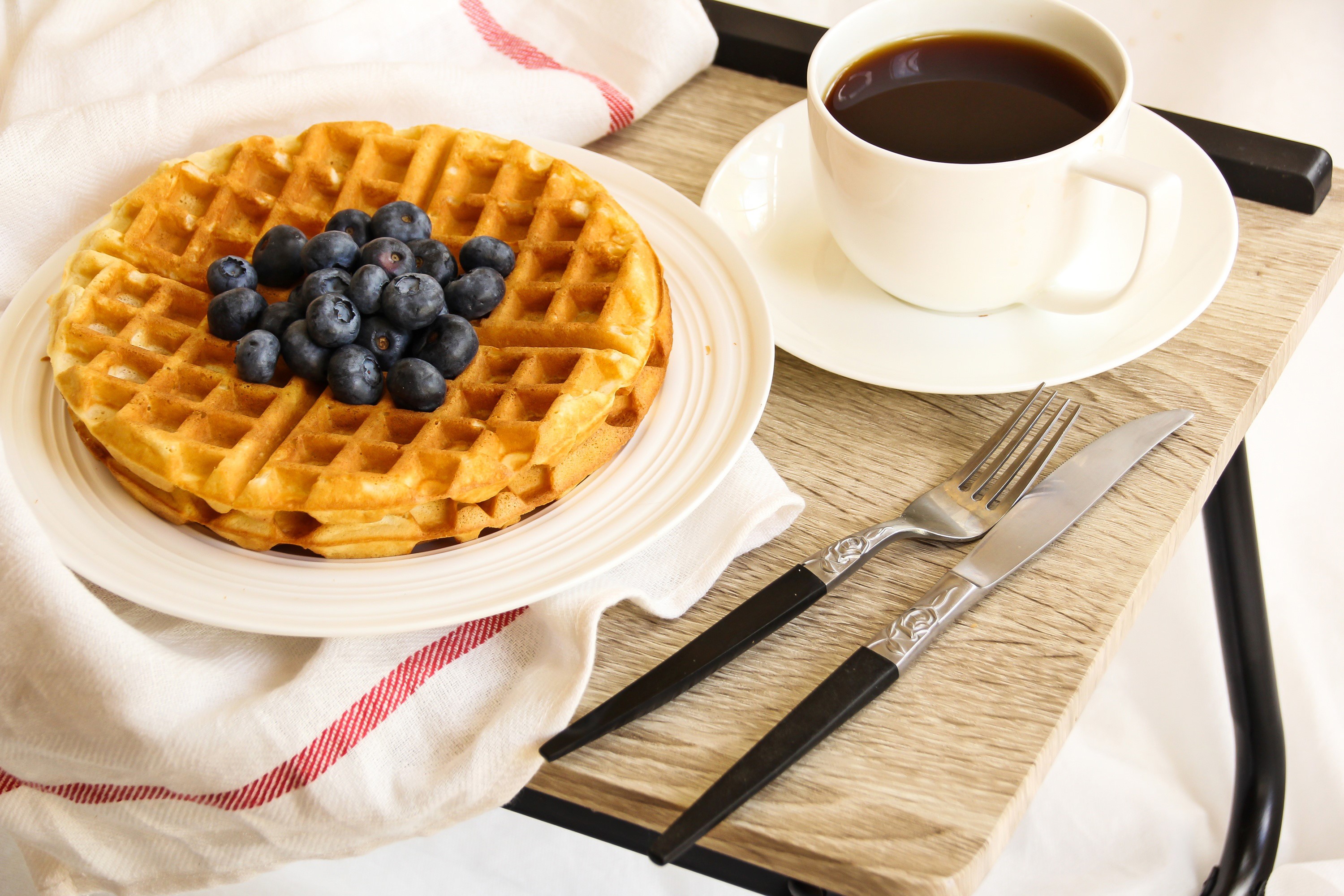 Waffles with blueberries and coffee on a tray HD Wallpaper