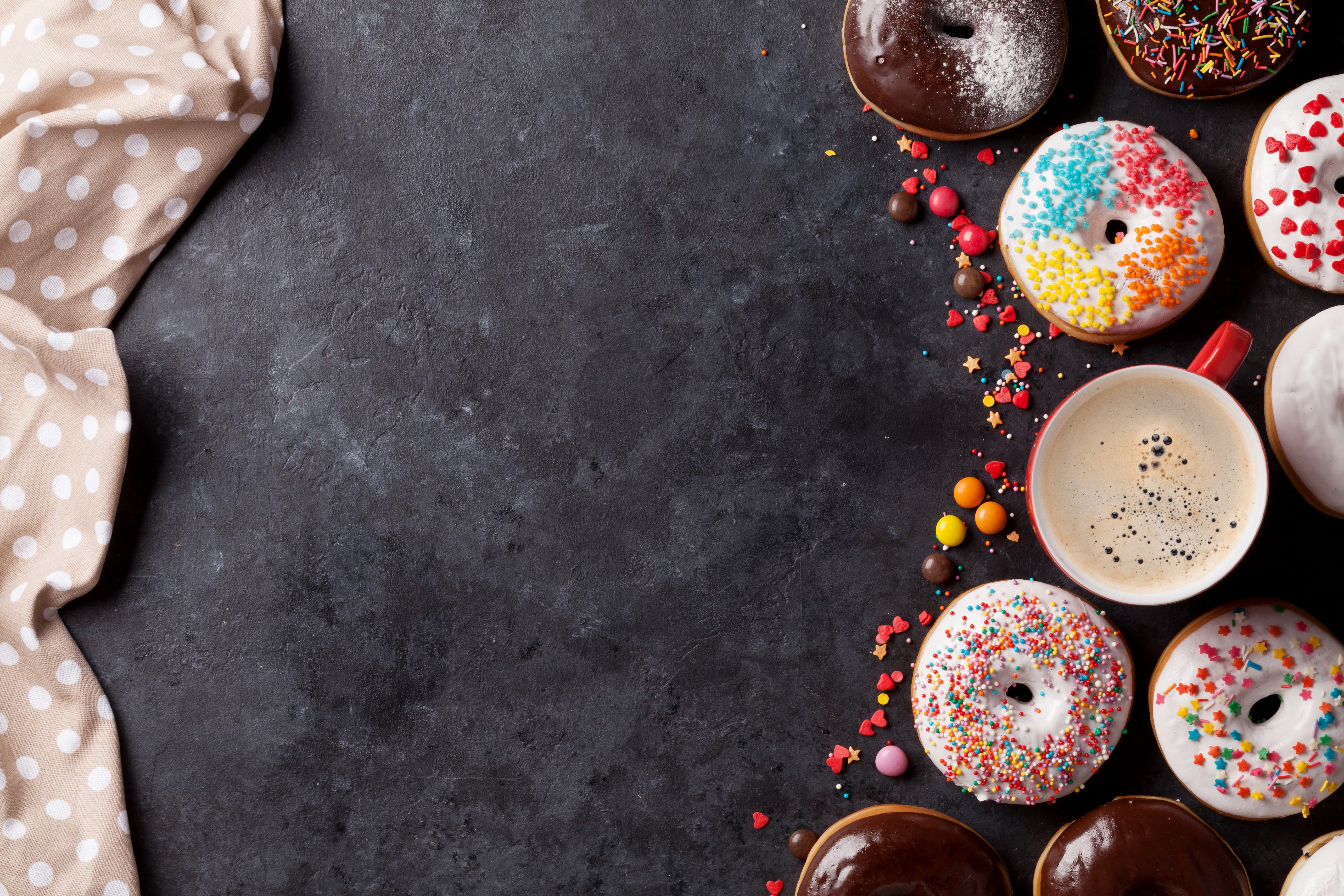 Donuts and Coffee with Polka Dot Napkin HD Wallpaper