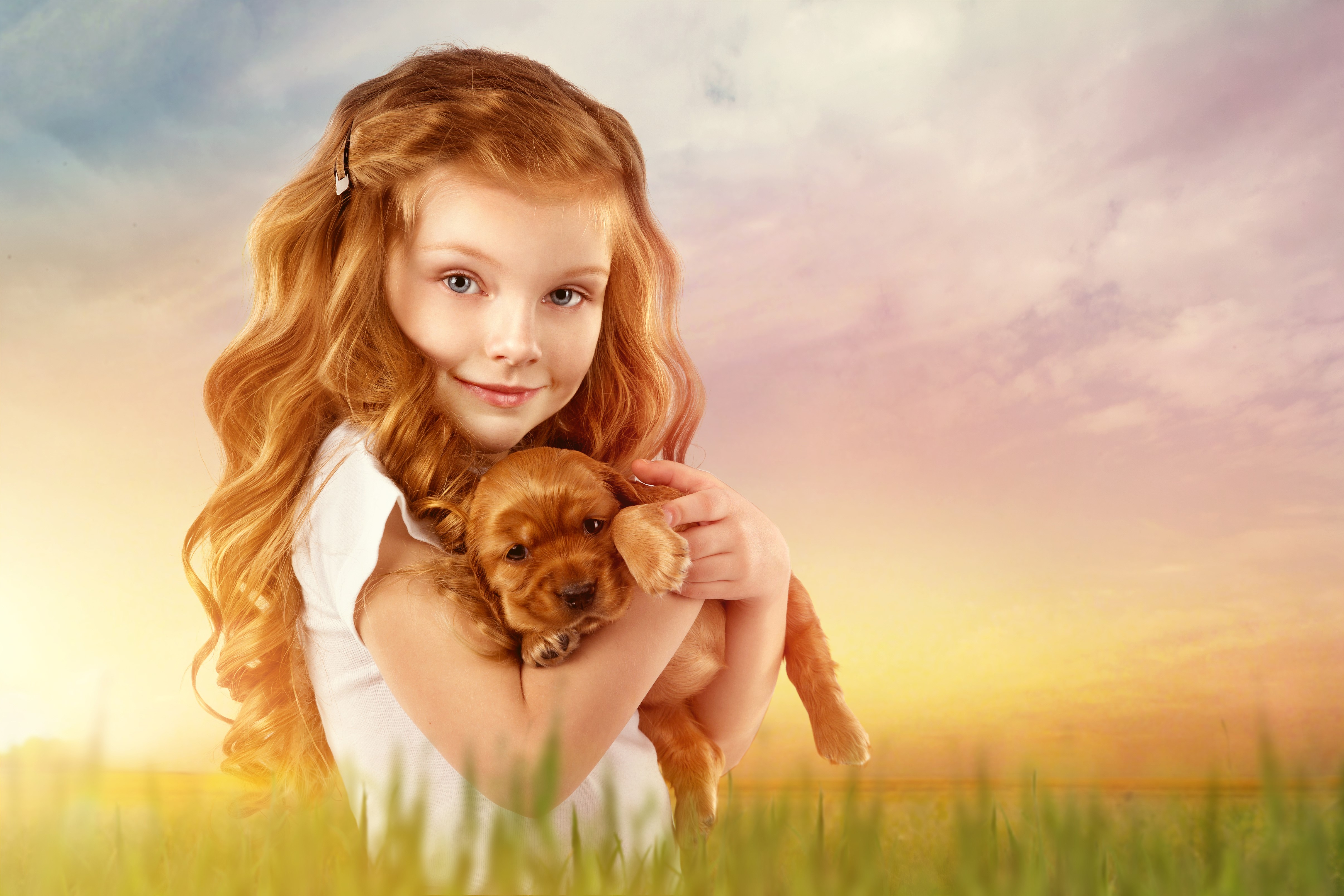 4K Redhead Girl Holding Puppy at Sunset HD Wallpaper