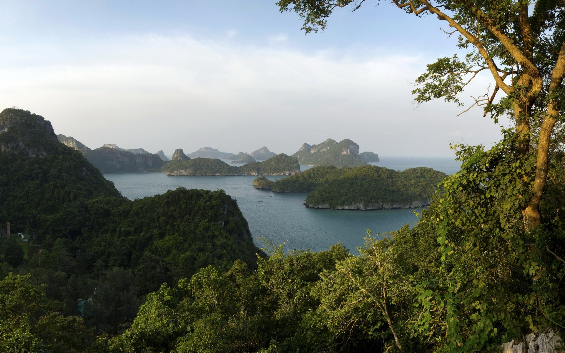 Islands in the ocean with trees in the foreground HD Wallpaper