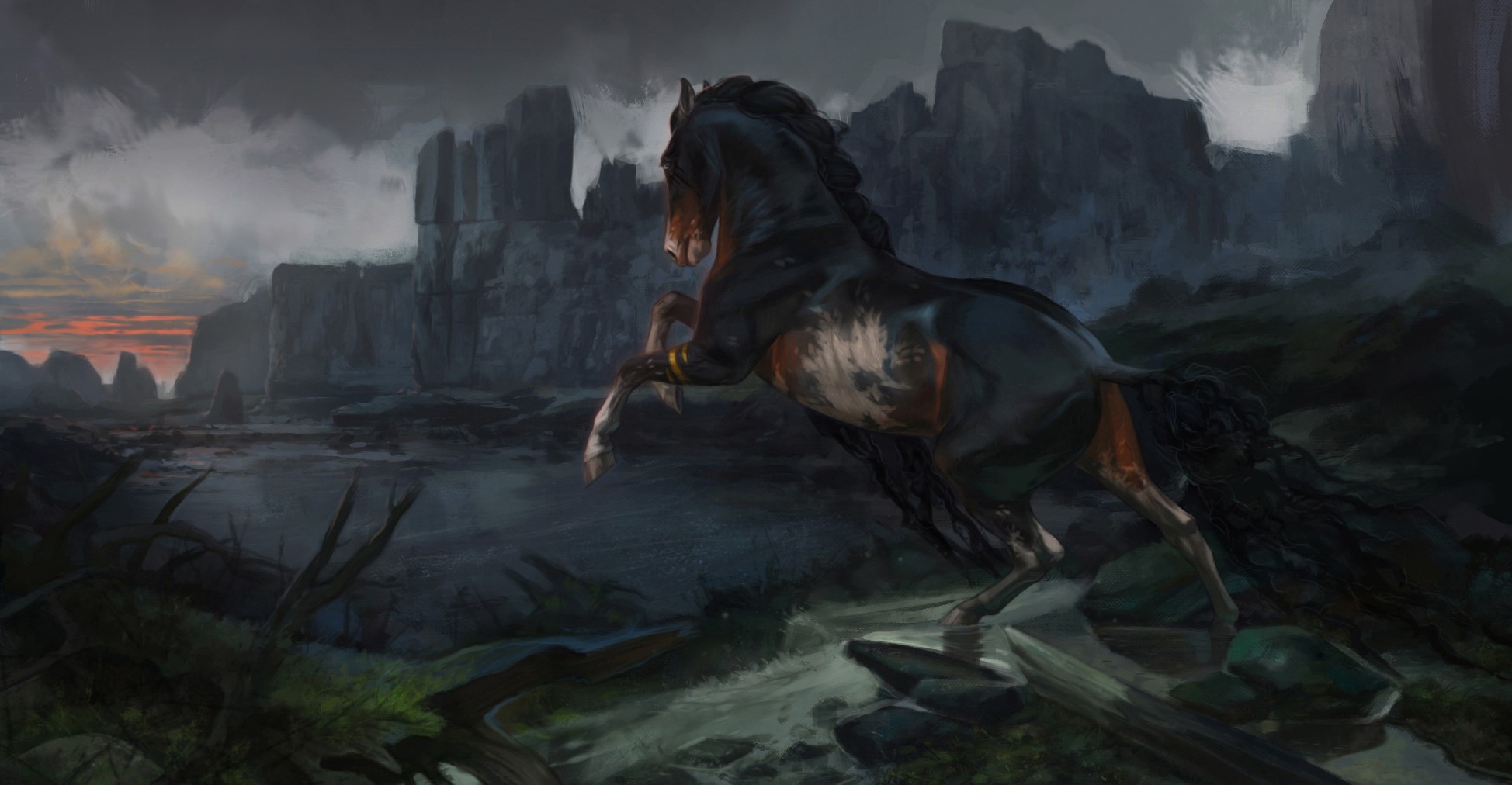 A dark horse rears up in a rocky, misty landscape at dawn. HD Wallpaper