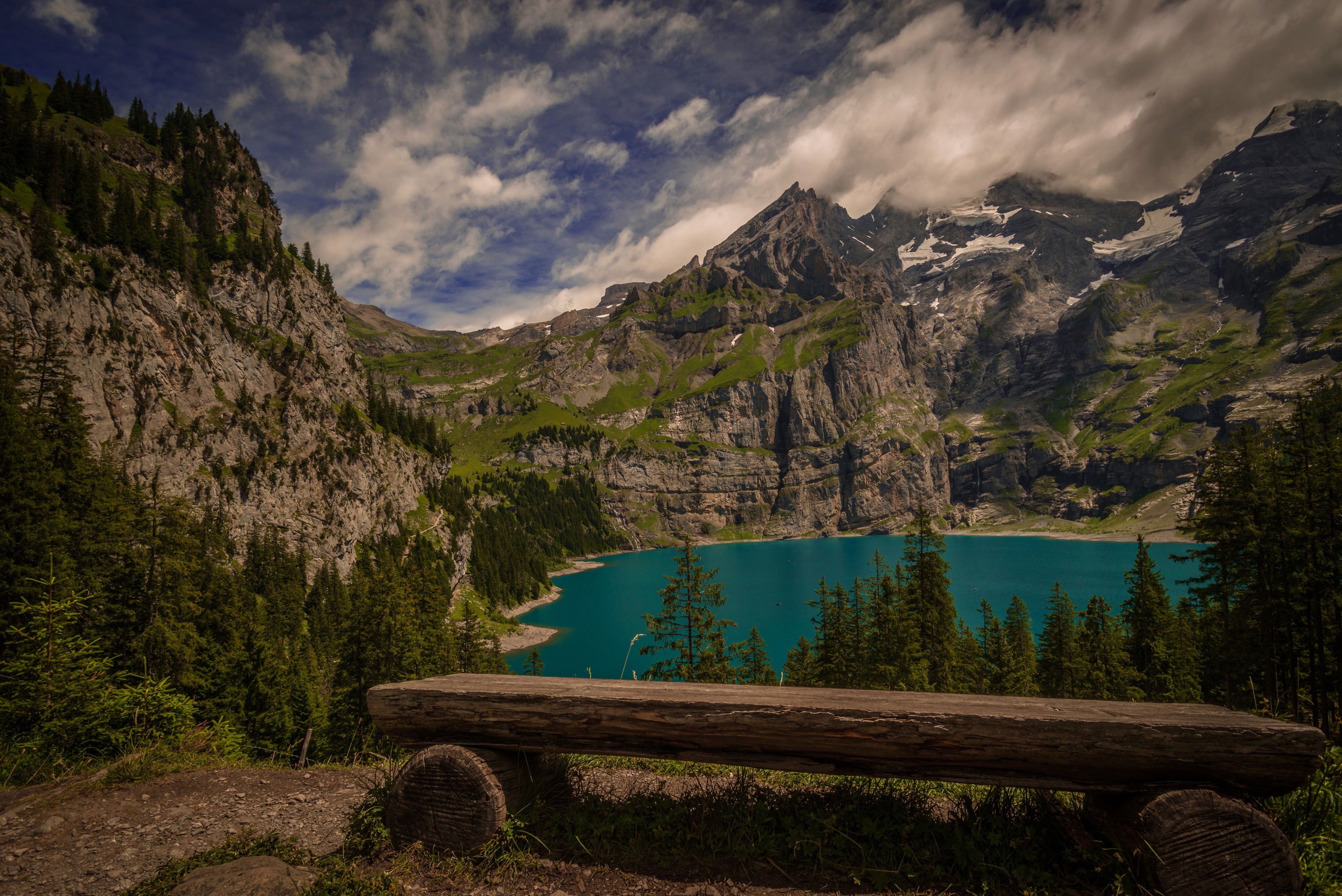 Lake Oeschinensee in the Swiss Alps, Switzerland HD Wallpaper