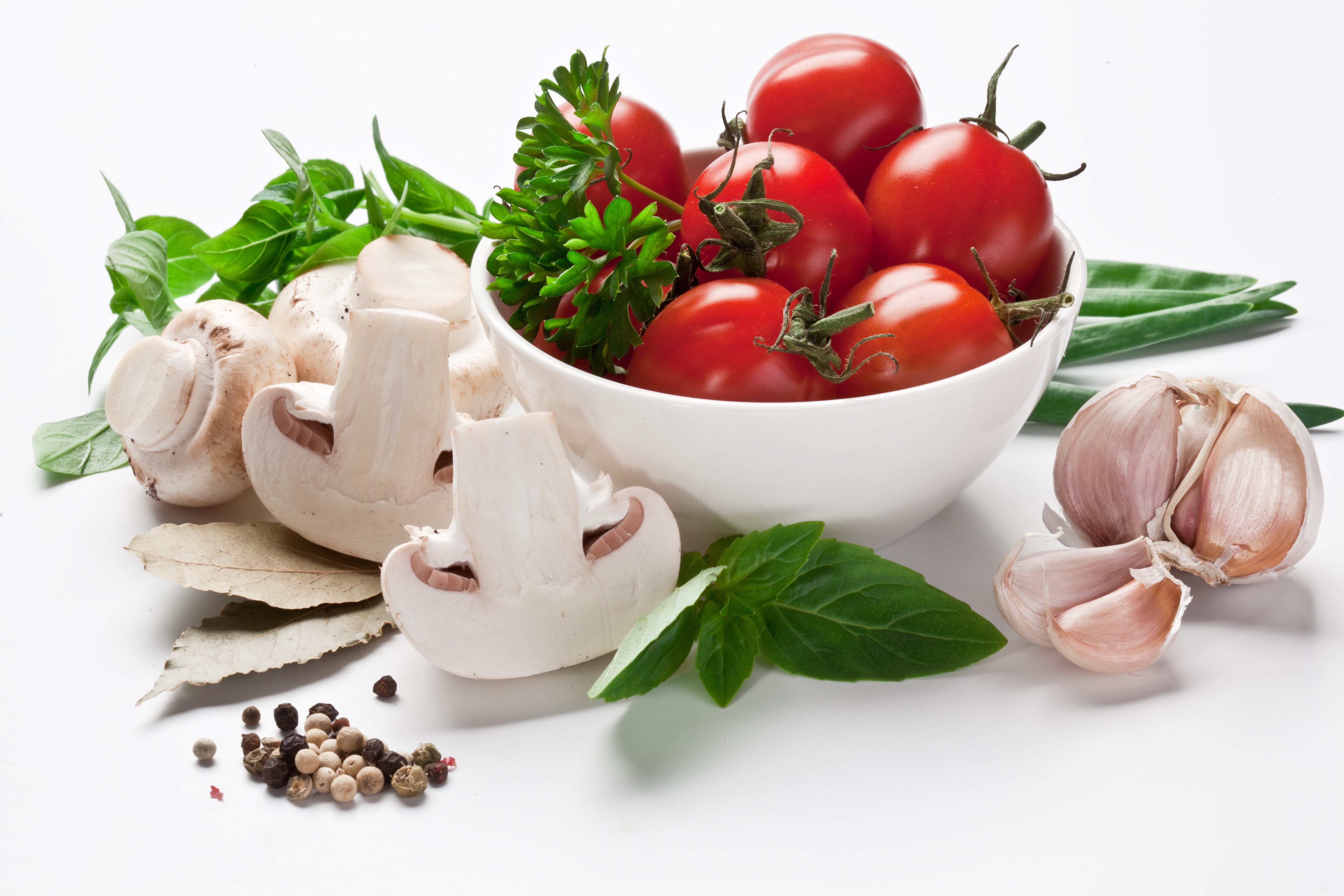 Tomatoes, Mushrooms, Garlic, and Spices on White Background HD Wallpaper
