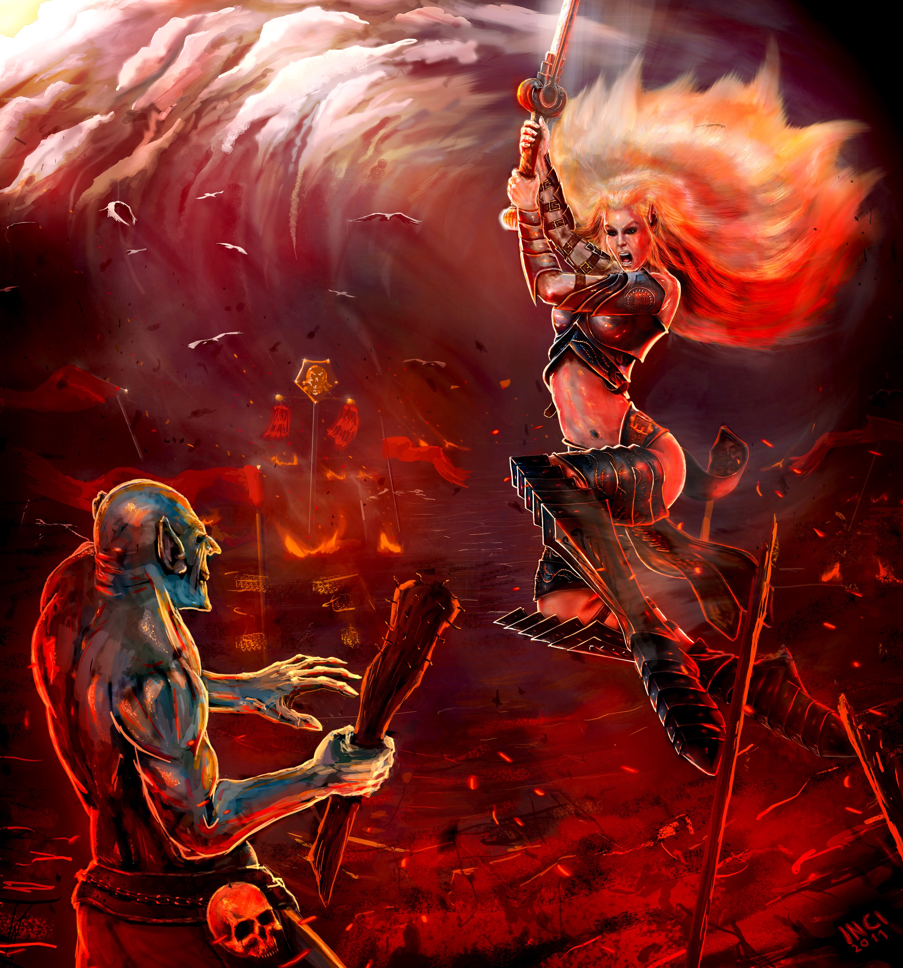 Female warrior fighting an orc with a club HD Wallpaper